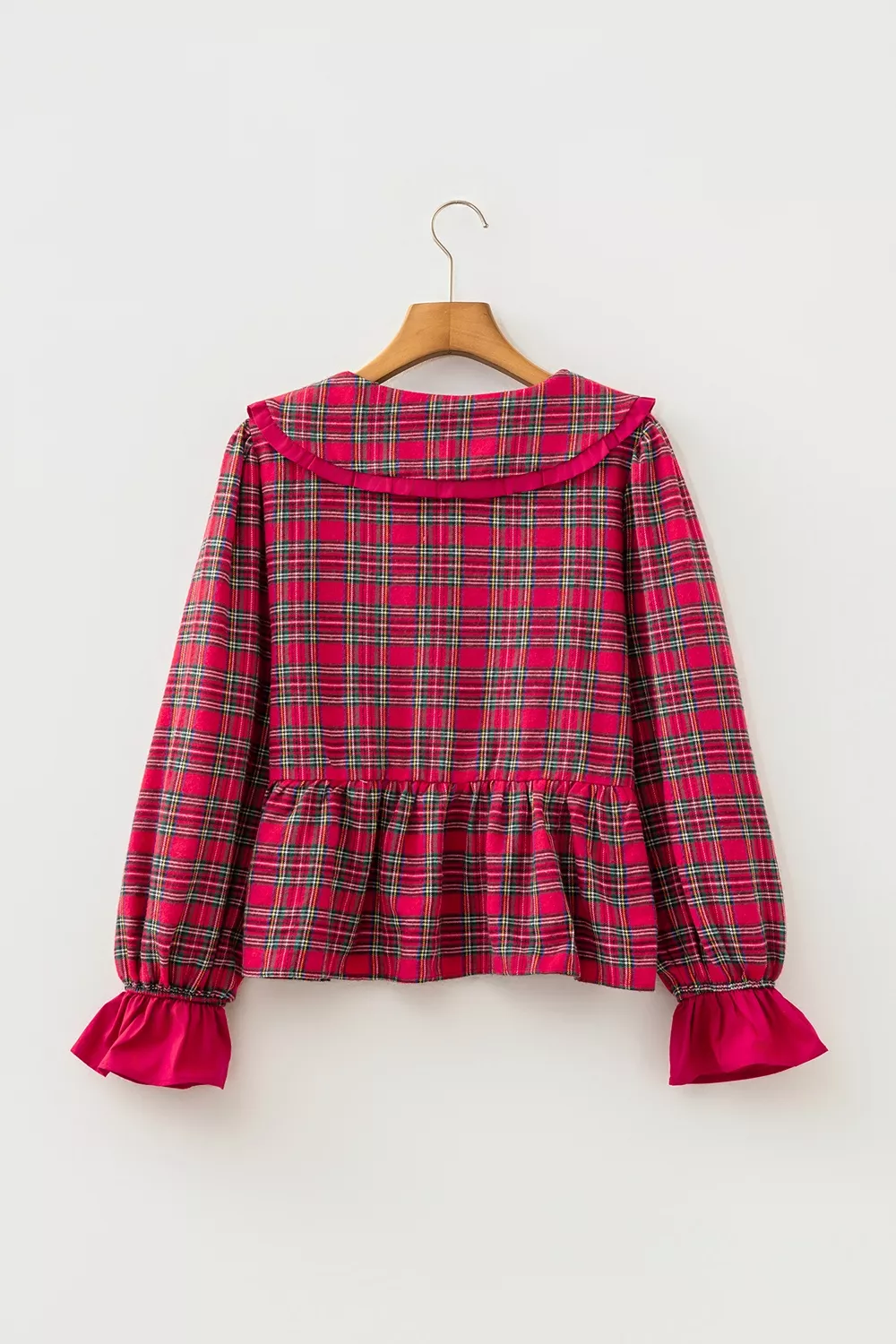 Plaid Tie Neck Ruffle Cuffs Long Sleeve Shift Blouse, image 7