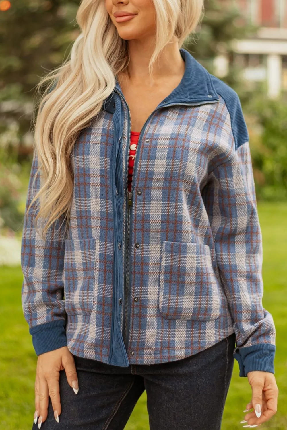 Plaid Corduroy Patchwork Collared Zip Up Snap Button Jacket, image 6