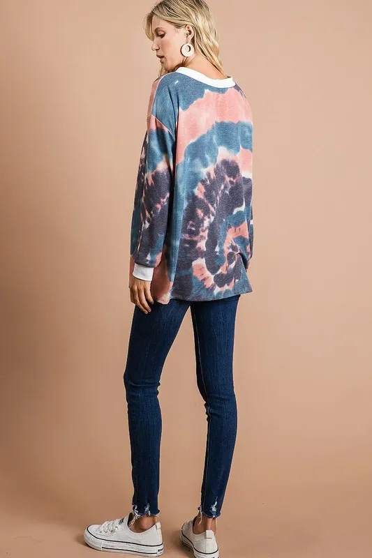 Tie Dye Deep V-Neck Top with Lace Up Front, image 3