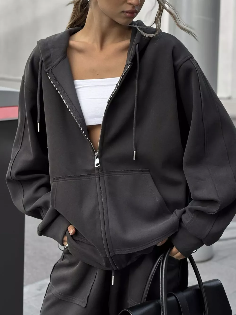 Oversized Zip-Up Hoodie and Wide-Leg Pants Set, image 30