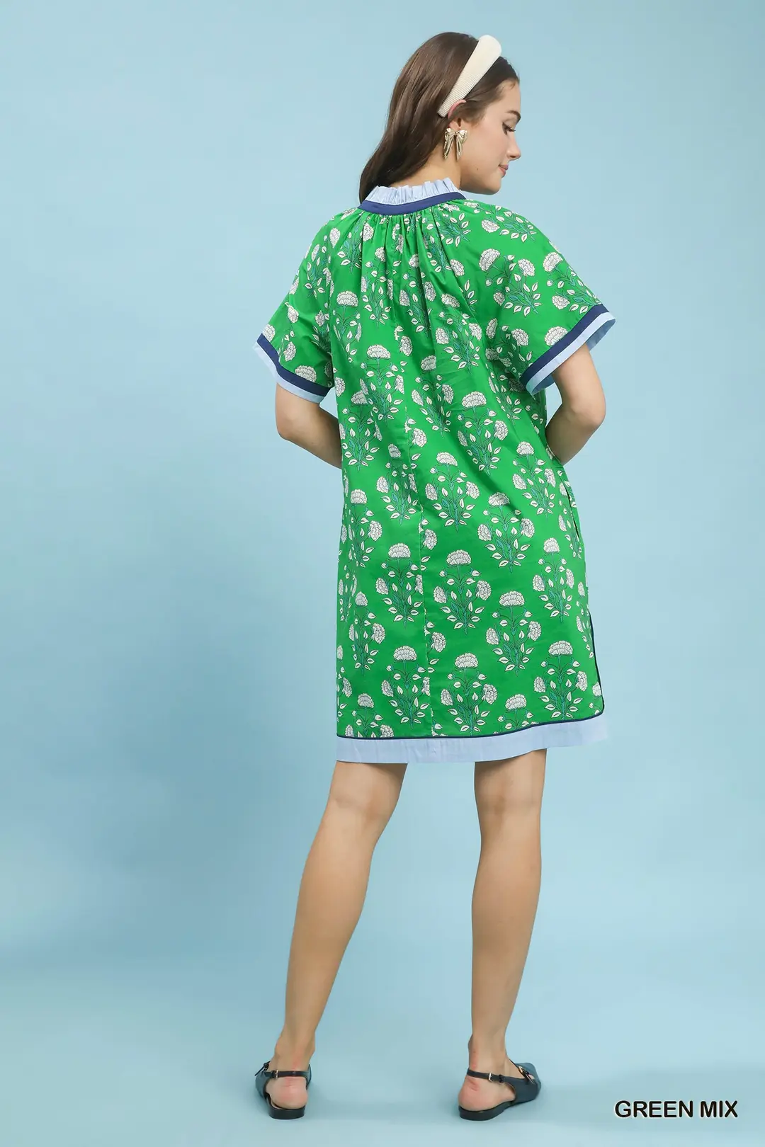 Printed Split Neck Short Sleeve Shift Dress, image 4