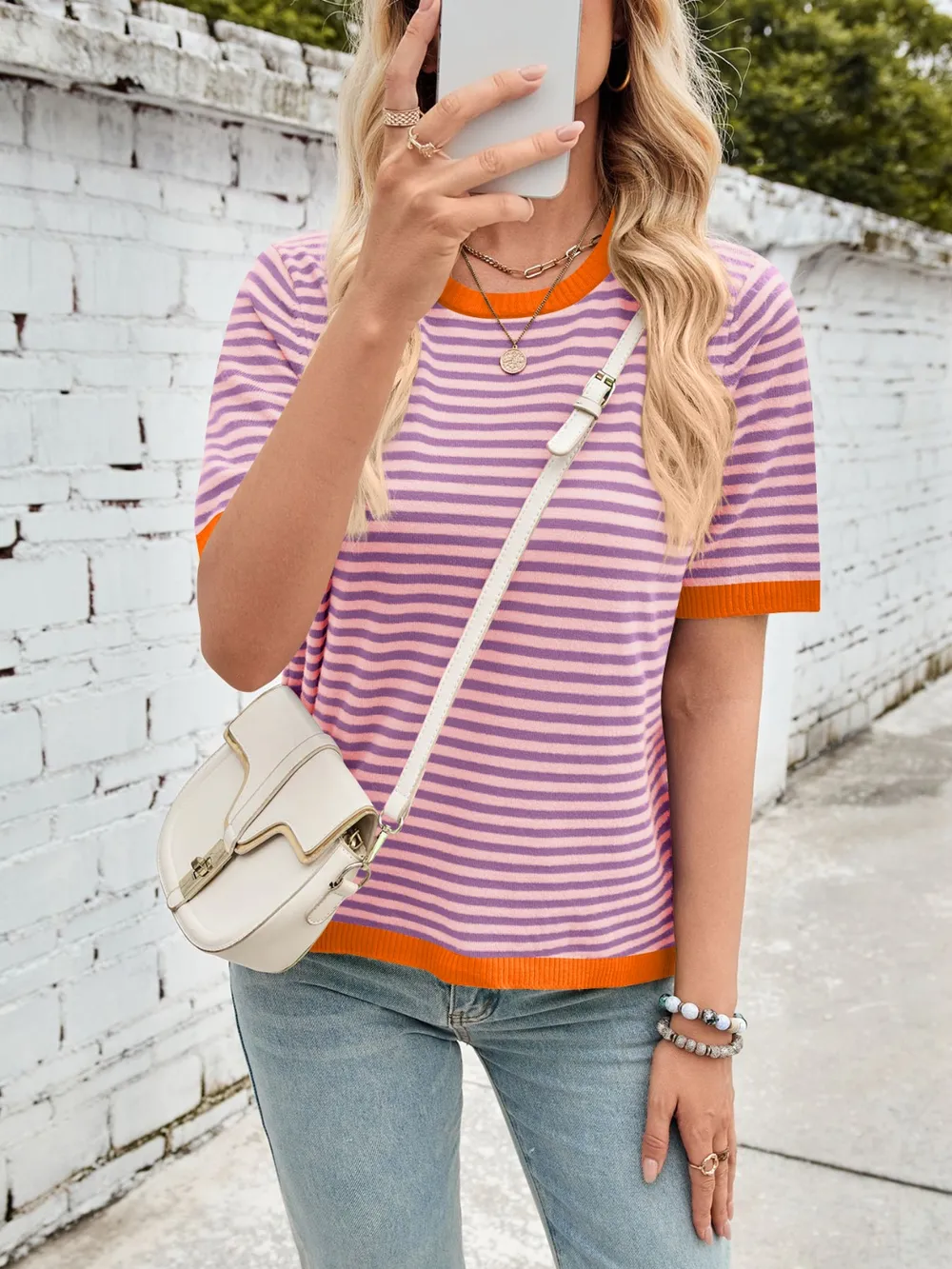 Striped Contrast Round Neck Half Sleeve Knit Top, image 11