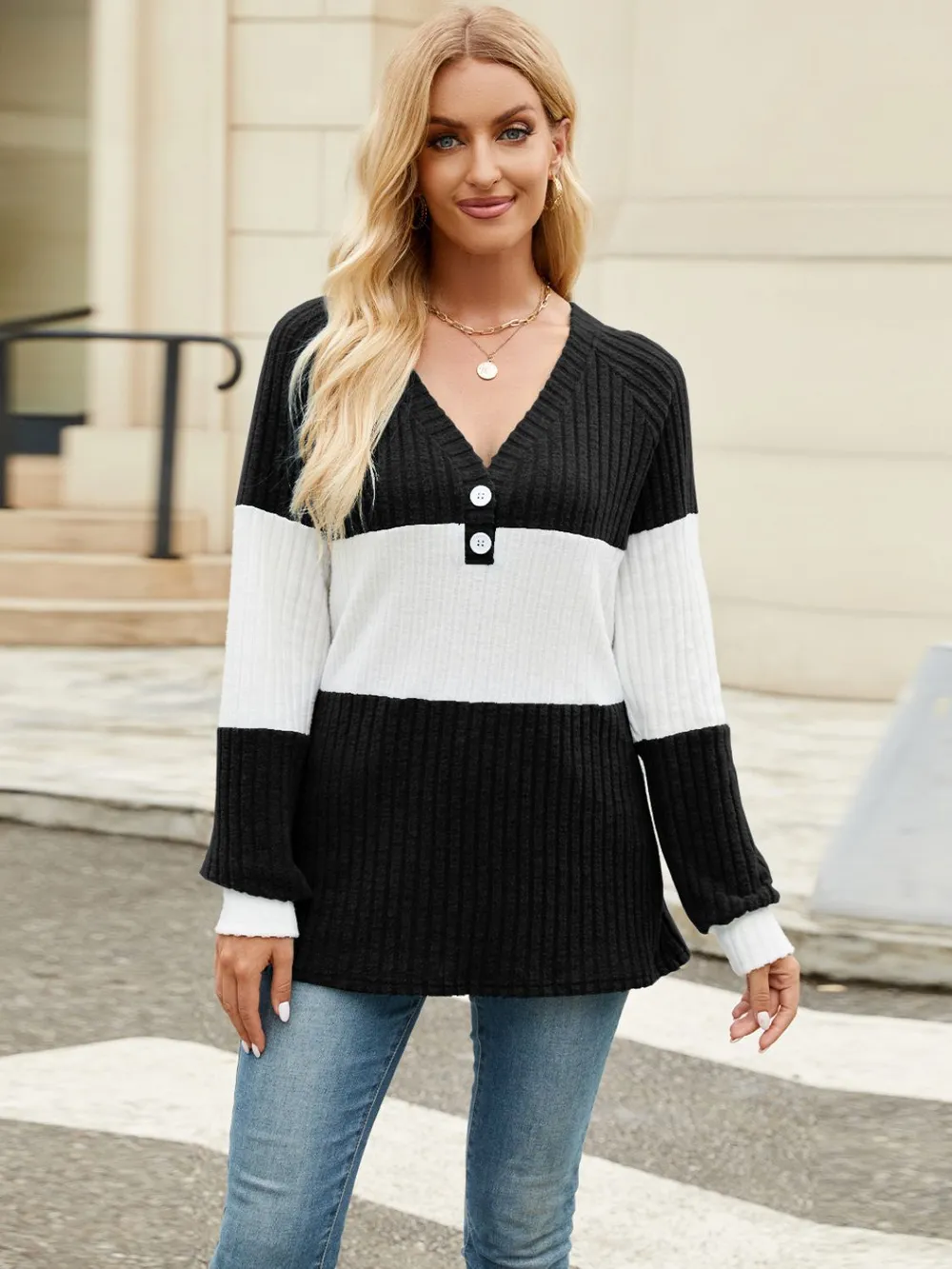 Color Block V-Neck Long Sleeve T-Shirt, image 33