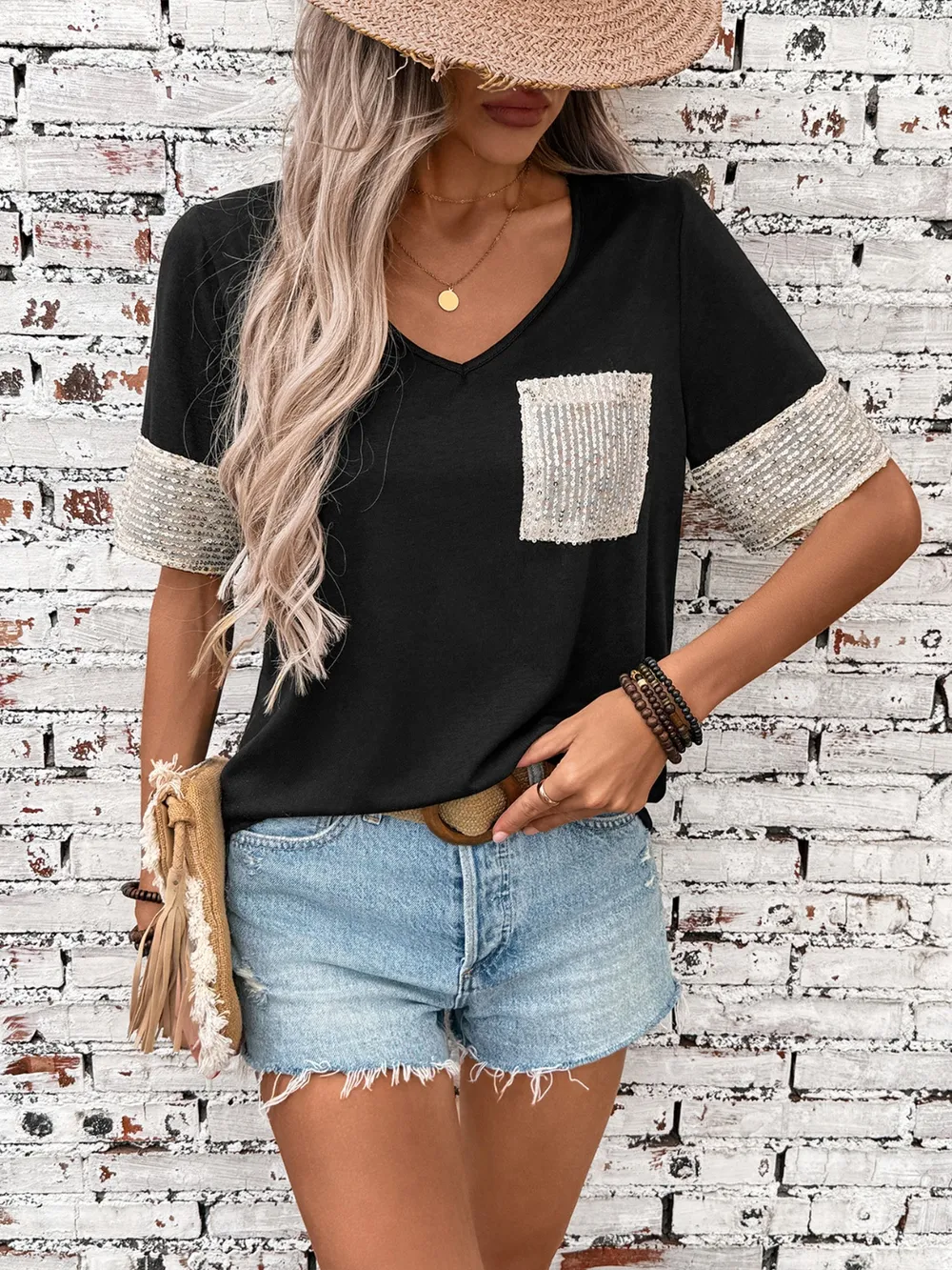 Sequin V-Neck Short Sleeve T-Shirt, image 5