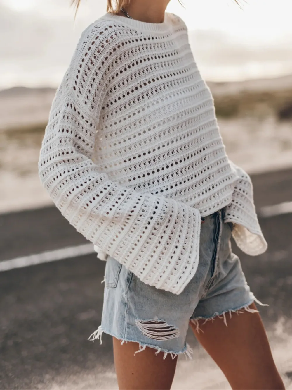 Openwork Round Neck Dropped Shoulder Knit Top, image 3