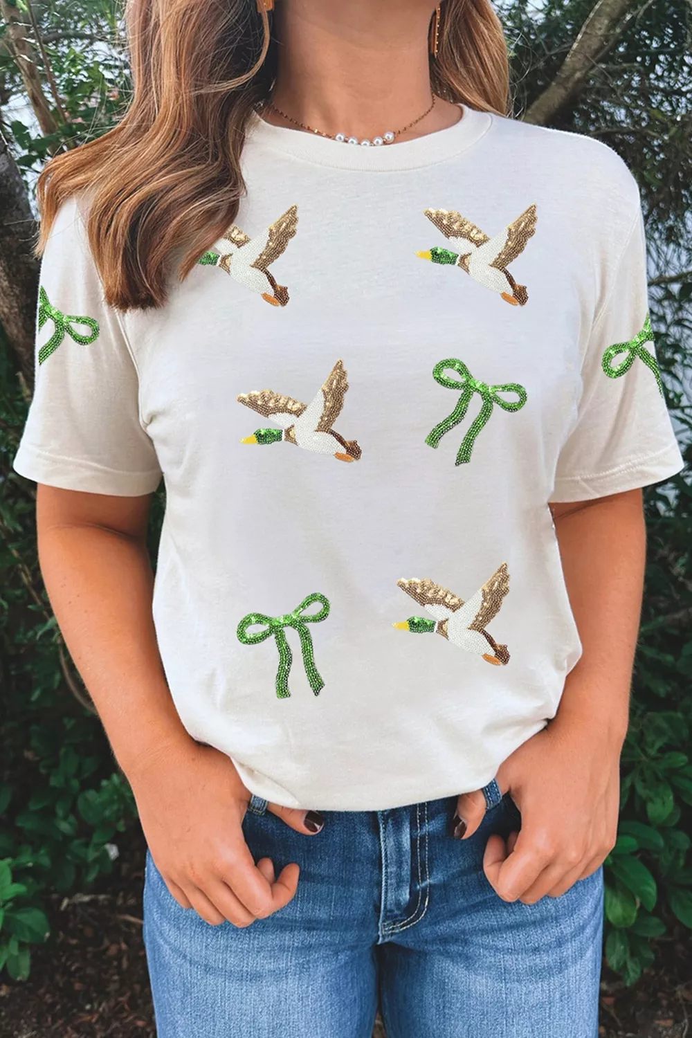 Full Size Sequin Mallard Bow Round Neck Graphic T Shirt Plus Size, image 5