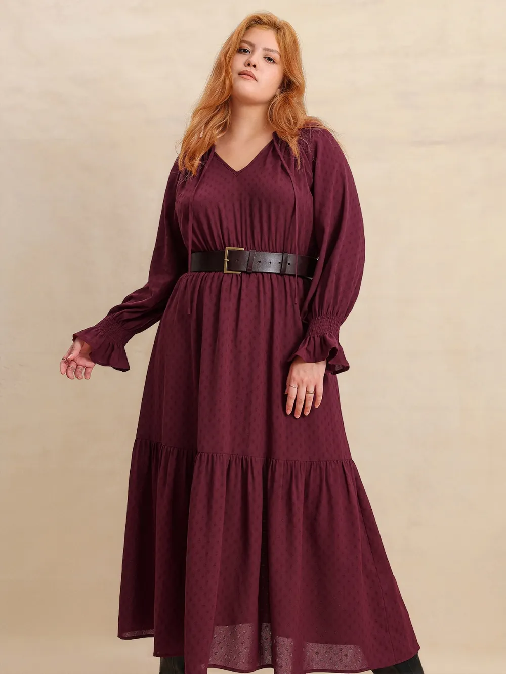 Plus Size Swiss Dot Tie Neck Flounce Sleeve Maxi Dress, image 3