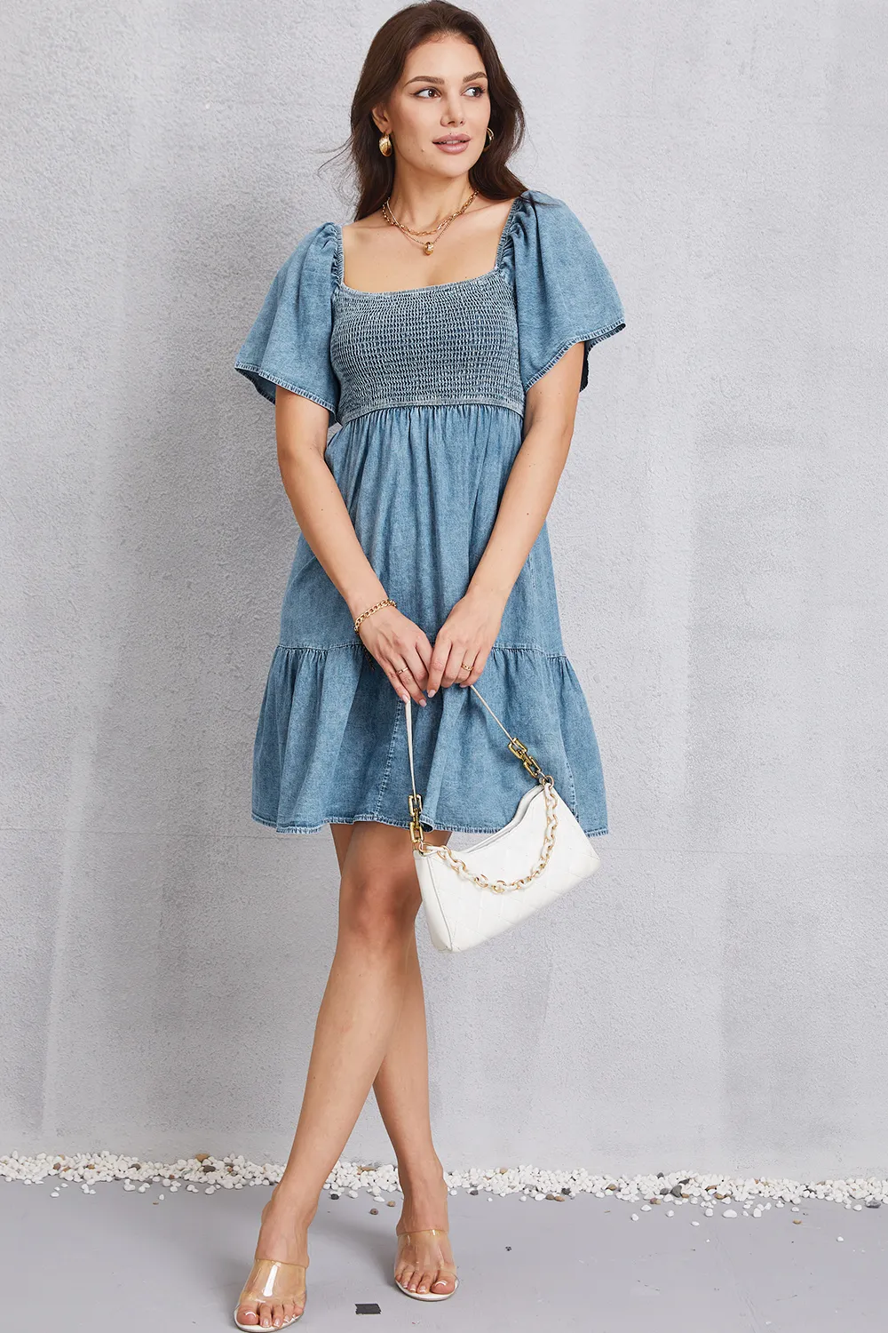 Smocked Square Neck Mini Denim Dress, image 9