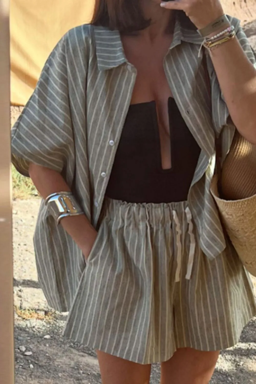 Striped Linen Shirt and Shorts Two-Piece Summer Set, image 2