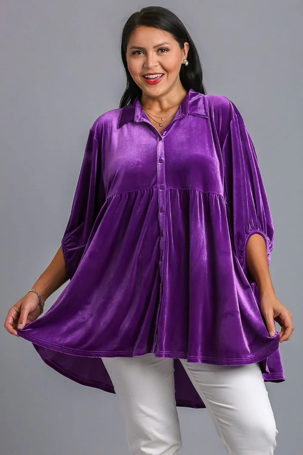 Full Size Button Down Tiered Back High Low Shirt, image 2