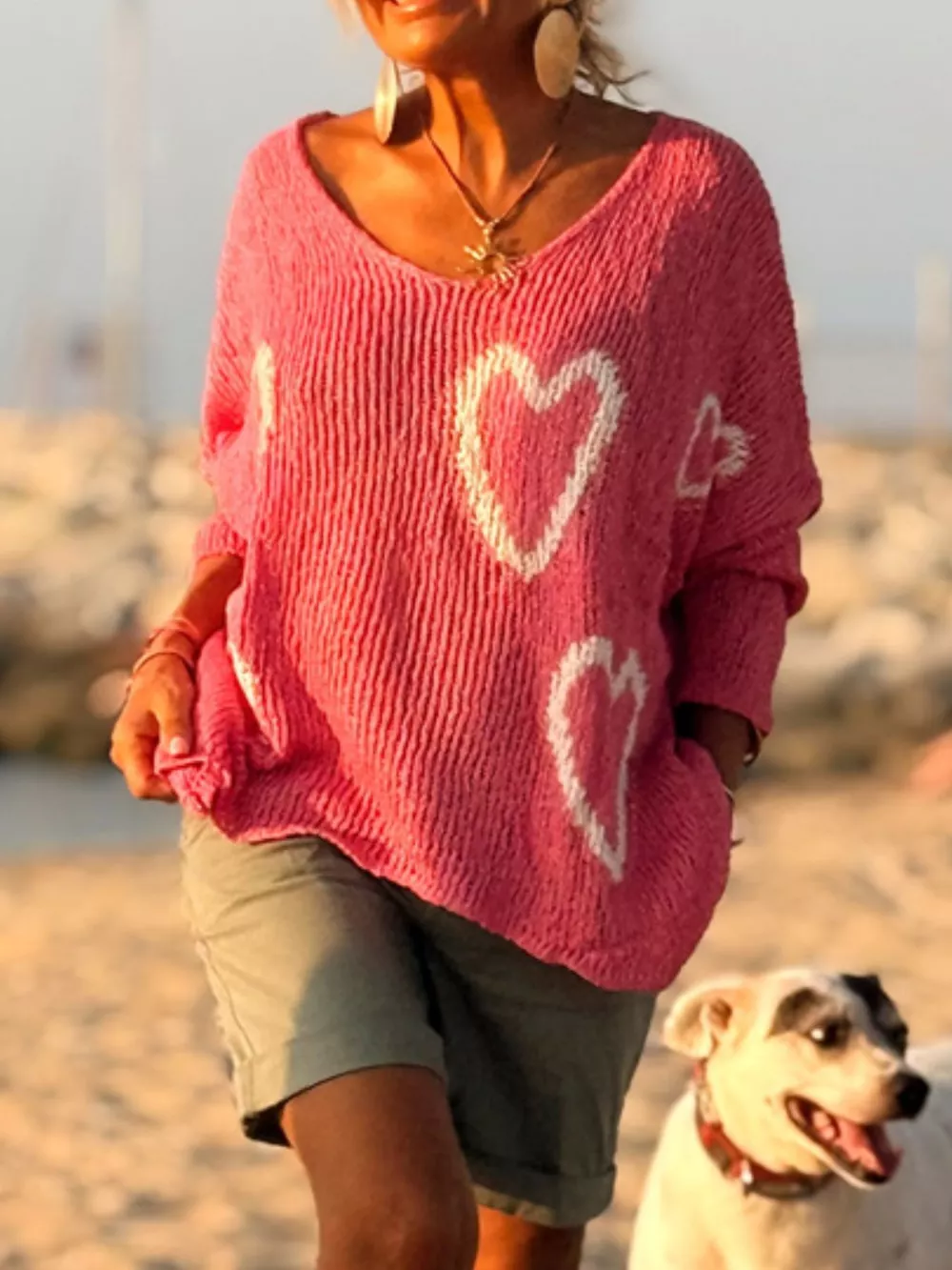 Heart V-Neck Dropped Shoulder Sweater, image 7