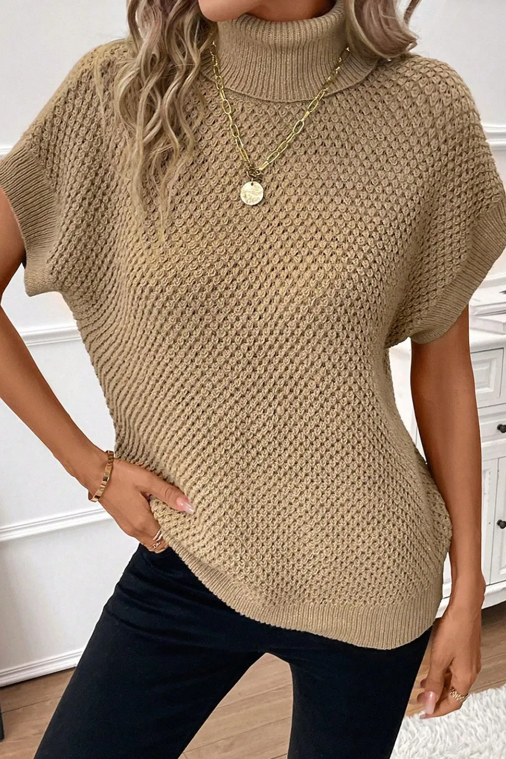 Solid Color Turtleneck Short Sleeve Sweater, image 4