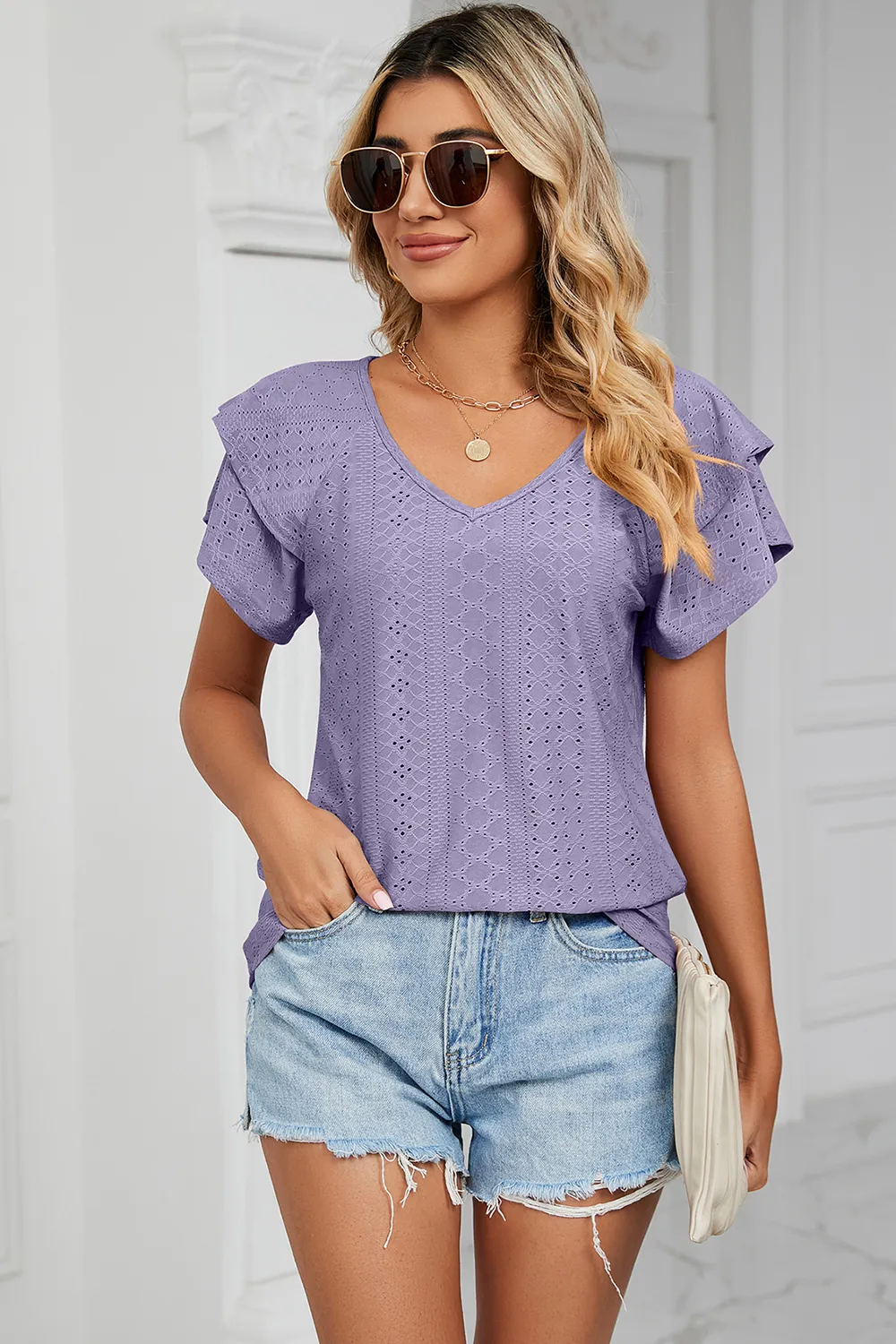 Eyelet V-Neck Short Sleeve T-Shirt, image 4