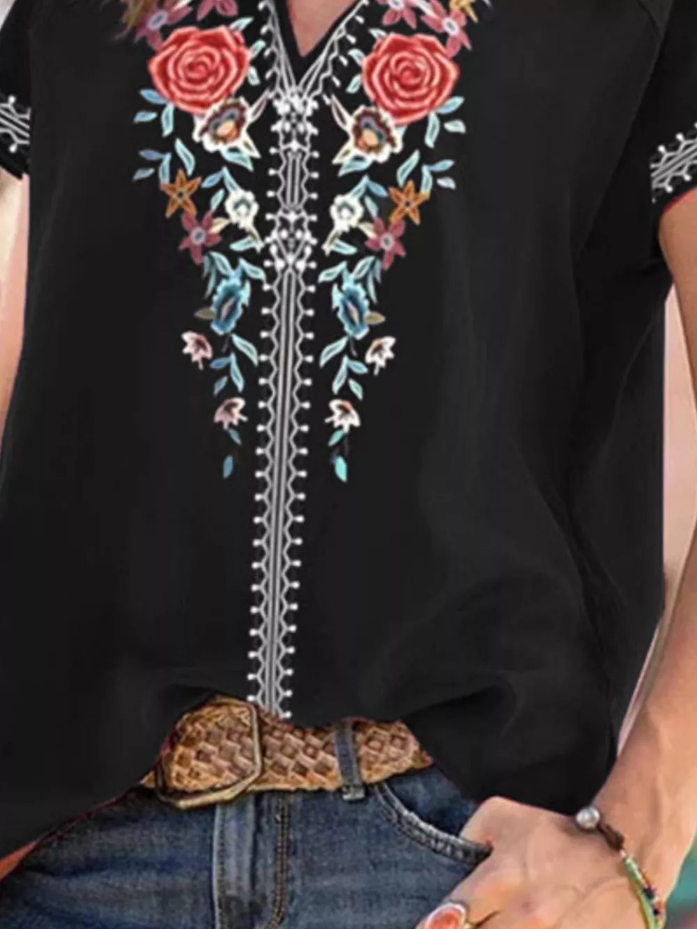 Full Size Floral Notched Short Sleeve Blouse Plus Size, image 6