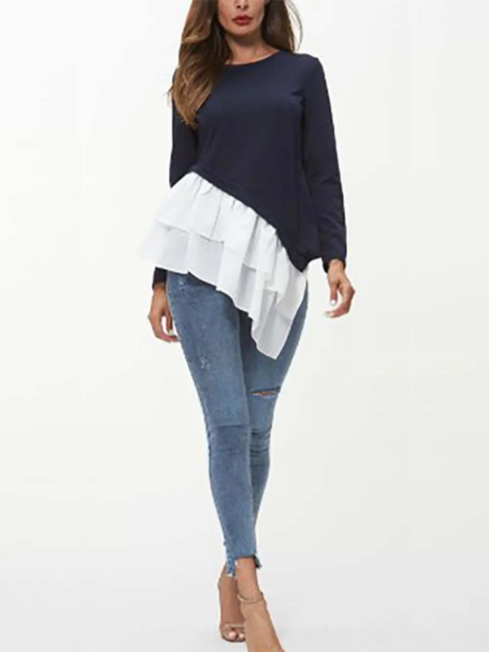 Tiered Contrast Round Neck Long Sleeve T-Shirt, image 3
