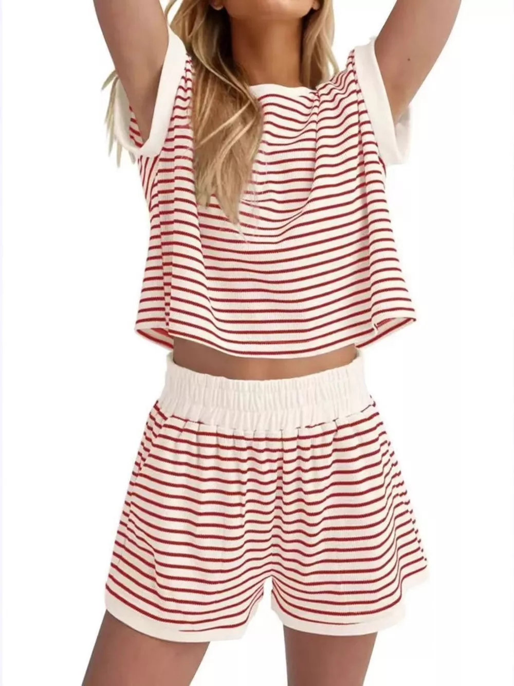 Full Size Striped Round Neck Top and Shorts Set Plus Size, image 7
