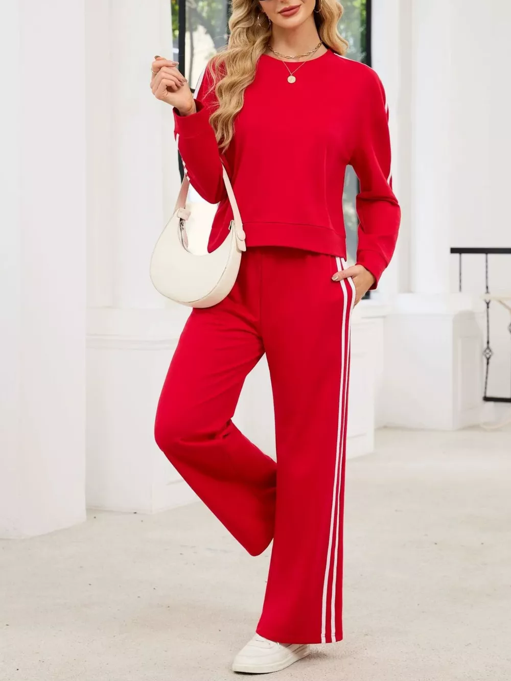 Striped Round Neck Sweatshirt and Pants Set, image 15