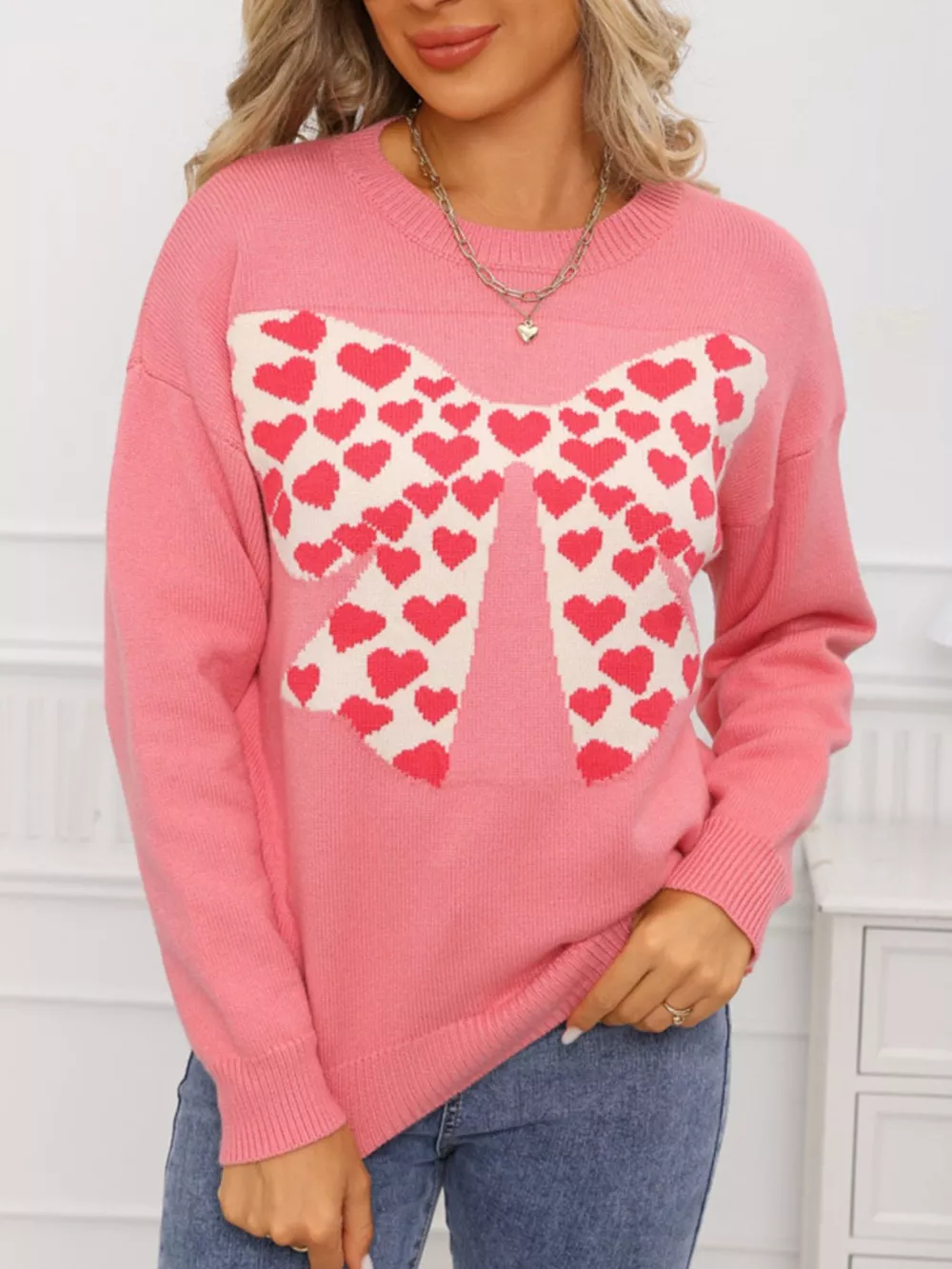 Valentine's Day Heart Bow Round Neck Sweater, image 7