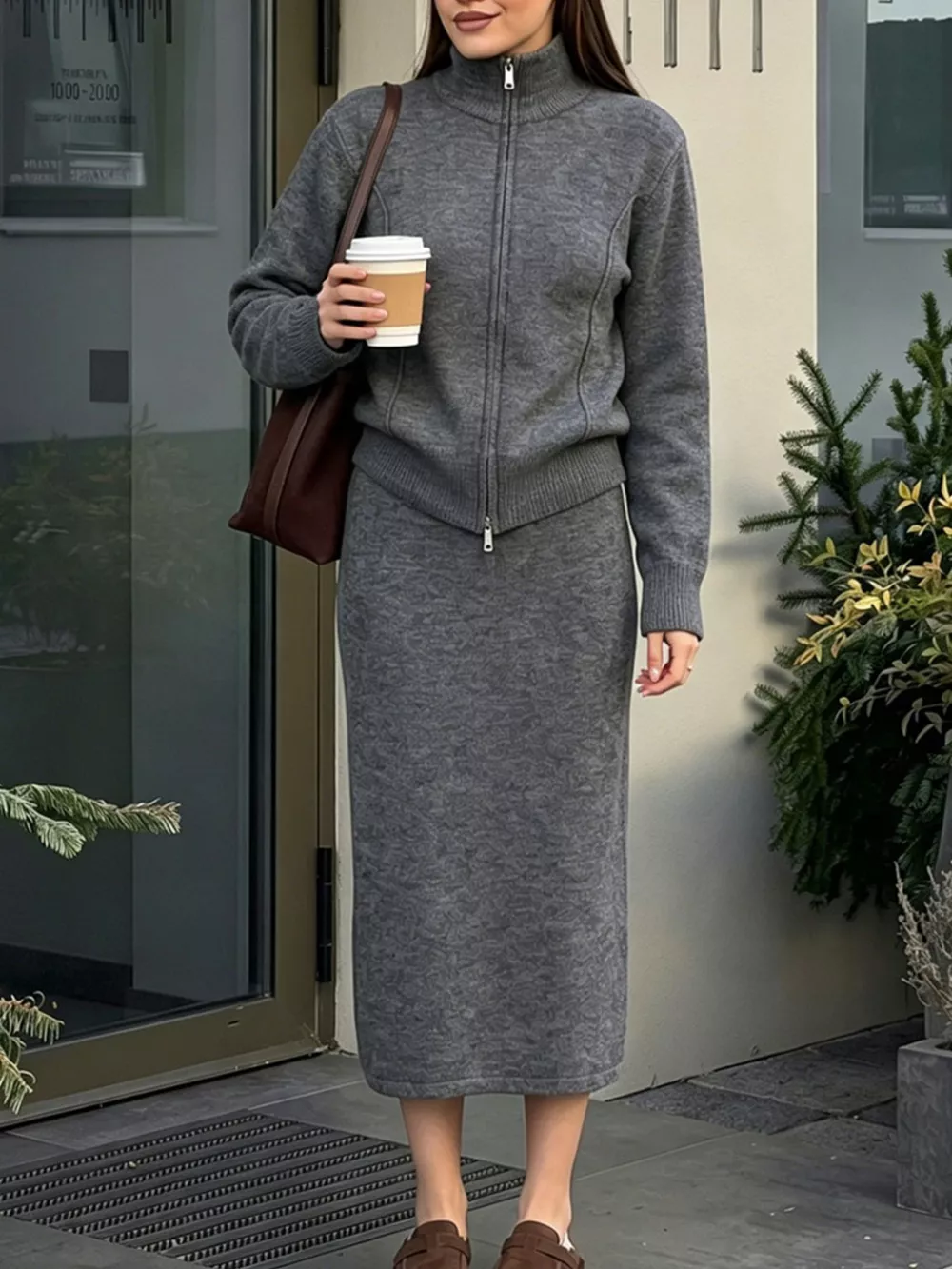 Zip-Up Mock Neck Cardigan and Matching Midi Skirt Sweater Set, image 2