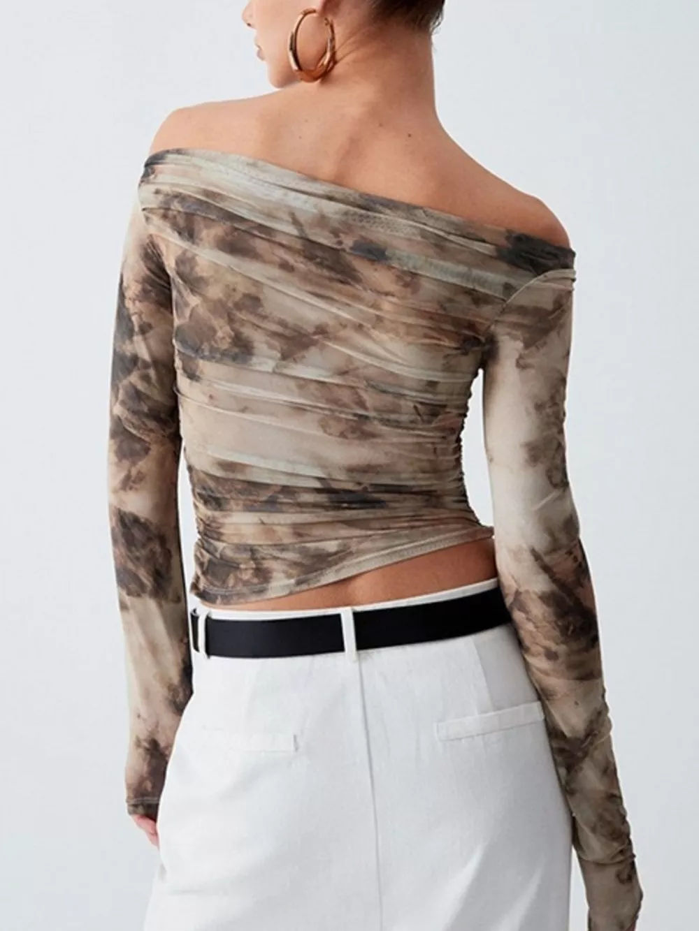 Tie-Dye Print Off-Shoulder Mesh Top, image 5