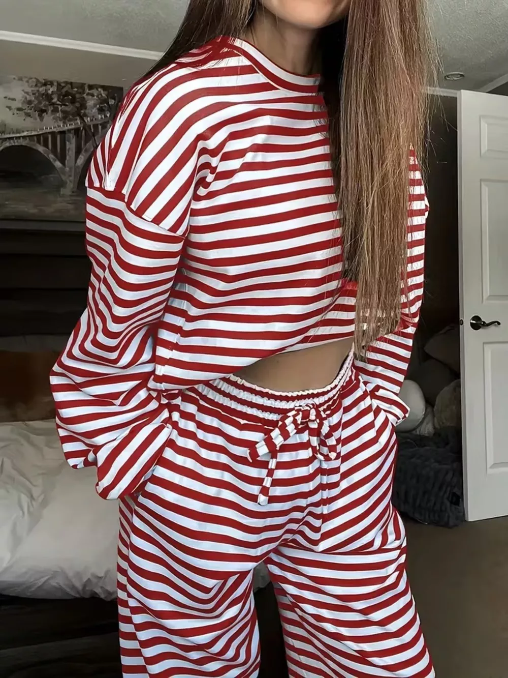 Striped Round Neck Top and Pants Set, image 9