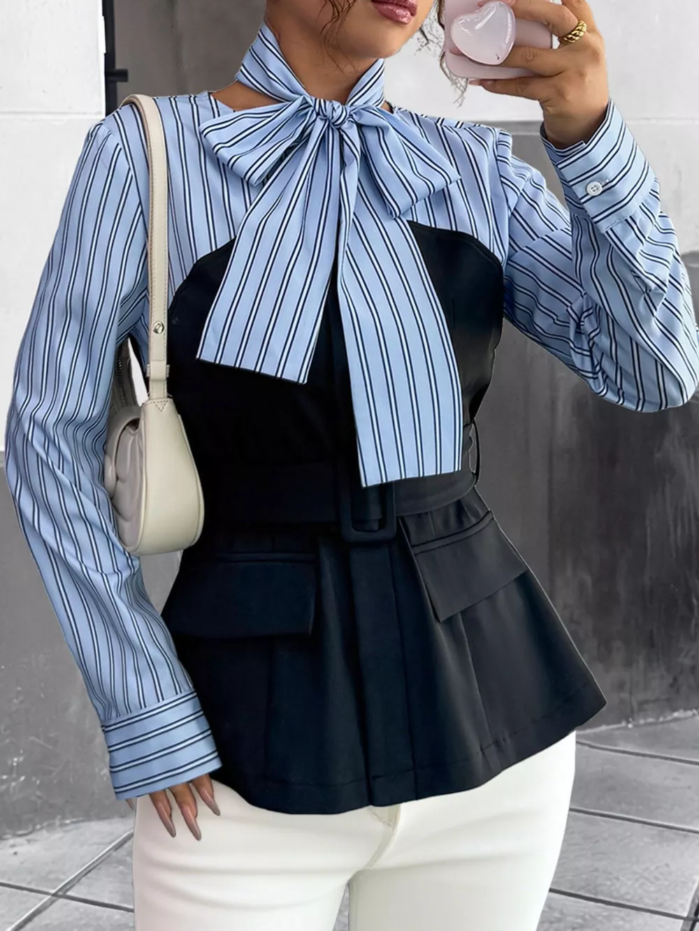 Striped Long Sleeve Blouse with Bow Tie, image 2