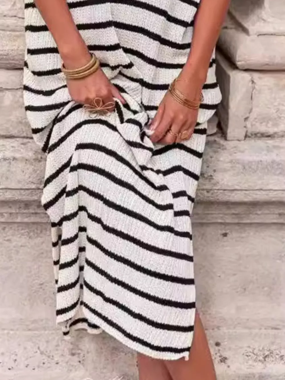 Striped Knit Slit Short Sleeve Midi Dress, image 5