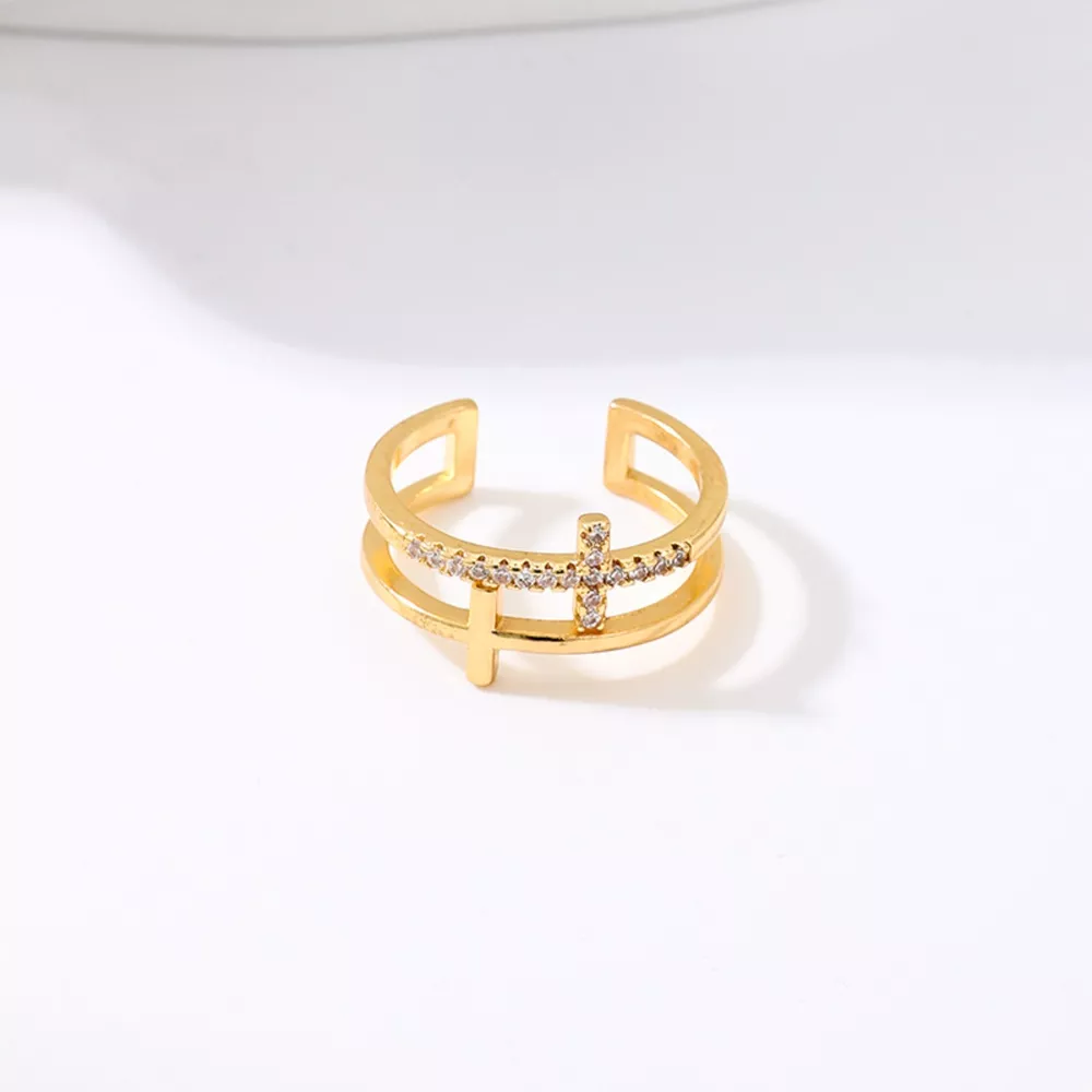 18K Gold-Plated Rhinestone Cross Open Ring, image 3