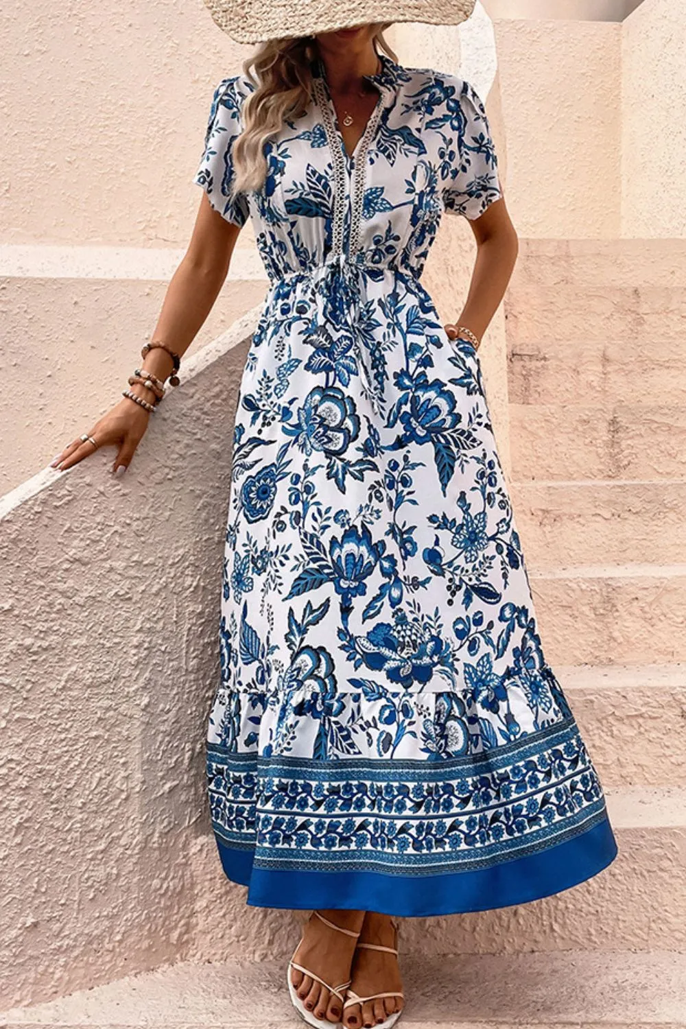 Printed Notched Short Sleeve Dress, image 3