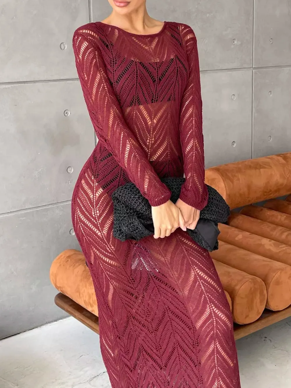 Openwork Long Sleeve Knit Cover Up Dress, image 9