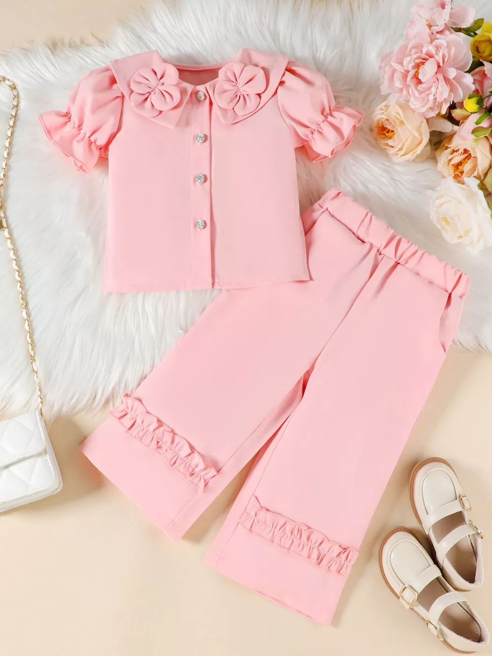 Children's Floral Decor Ruffle Trim Top & Pants Set, image 2