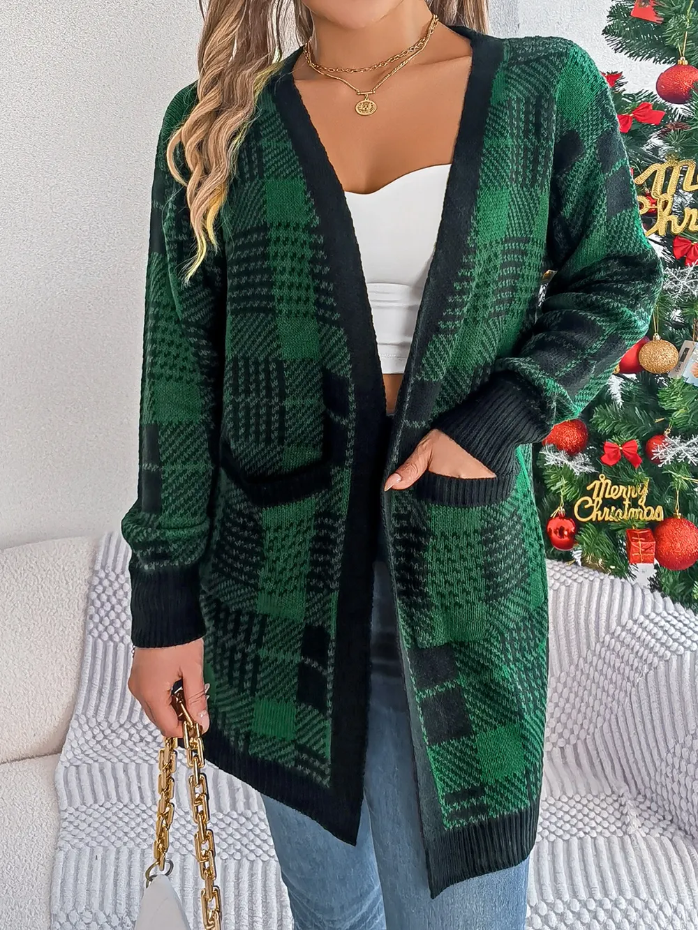 Plaid Open Front Long Sleeve Cardigan, image 16
