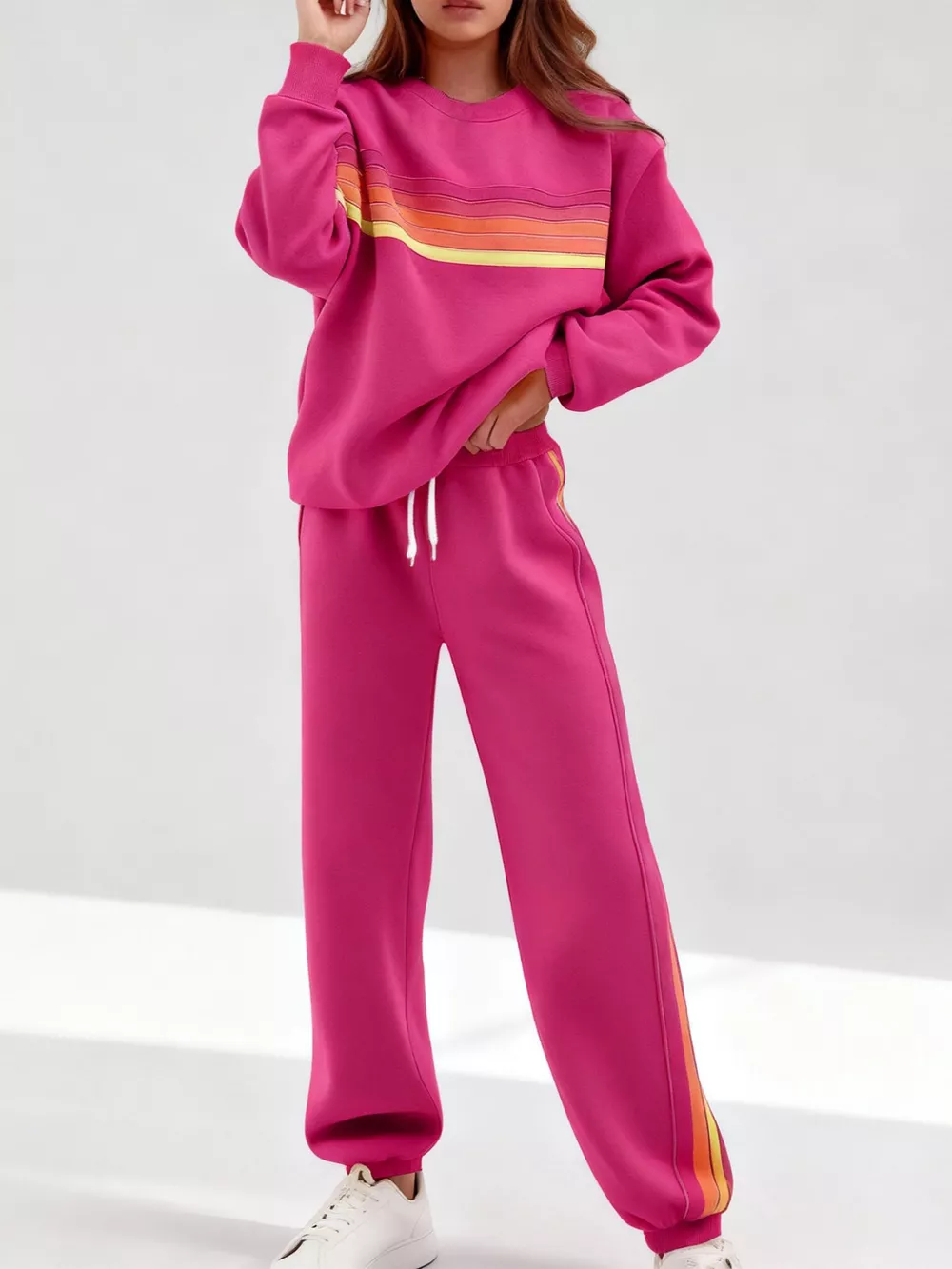 Striped Round Neck Sweatshirt and Pants Set, image 3