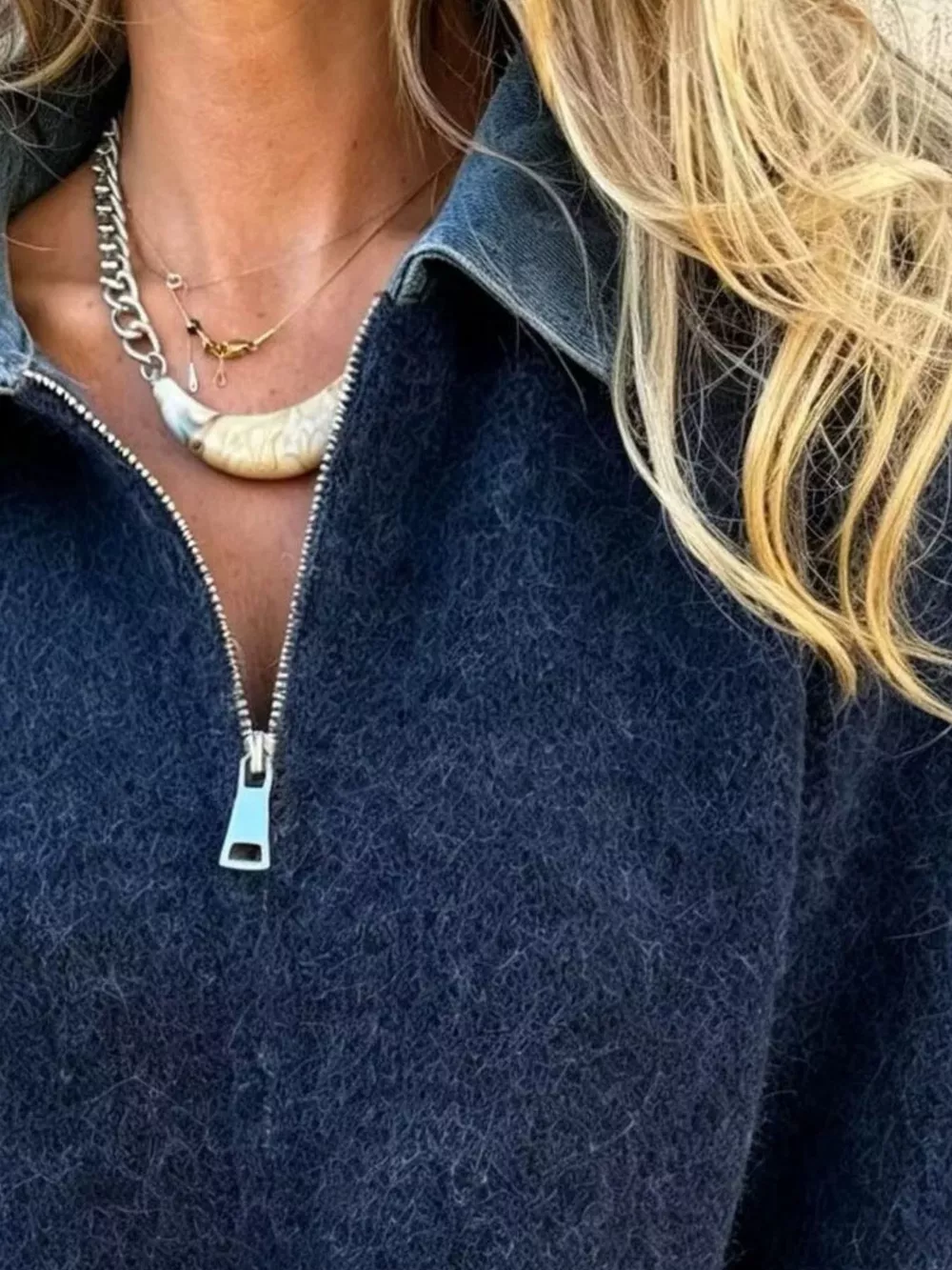 Contrast Denim Collar Half-Zip Knit Sweater, image 11