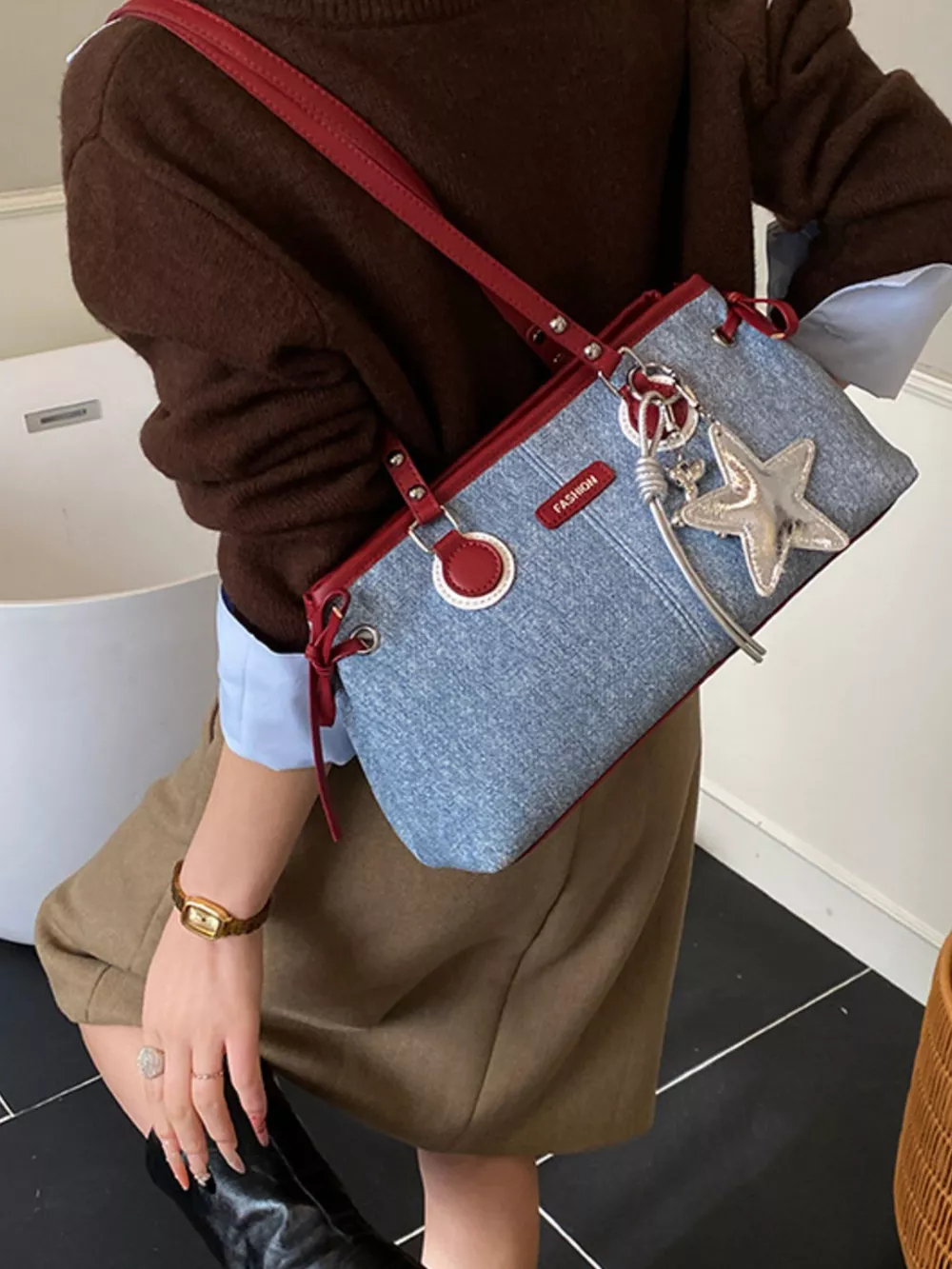 Denim Shoulder Bag with Star Charm, image 5