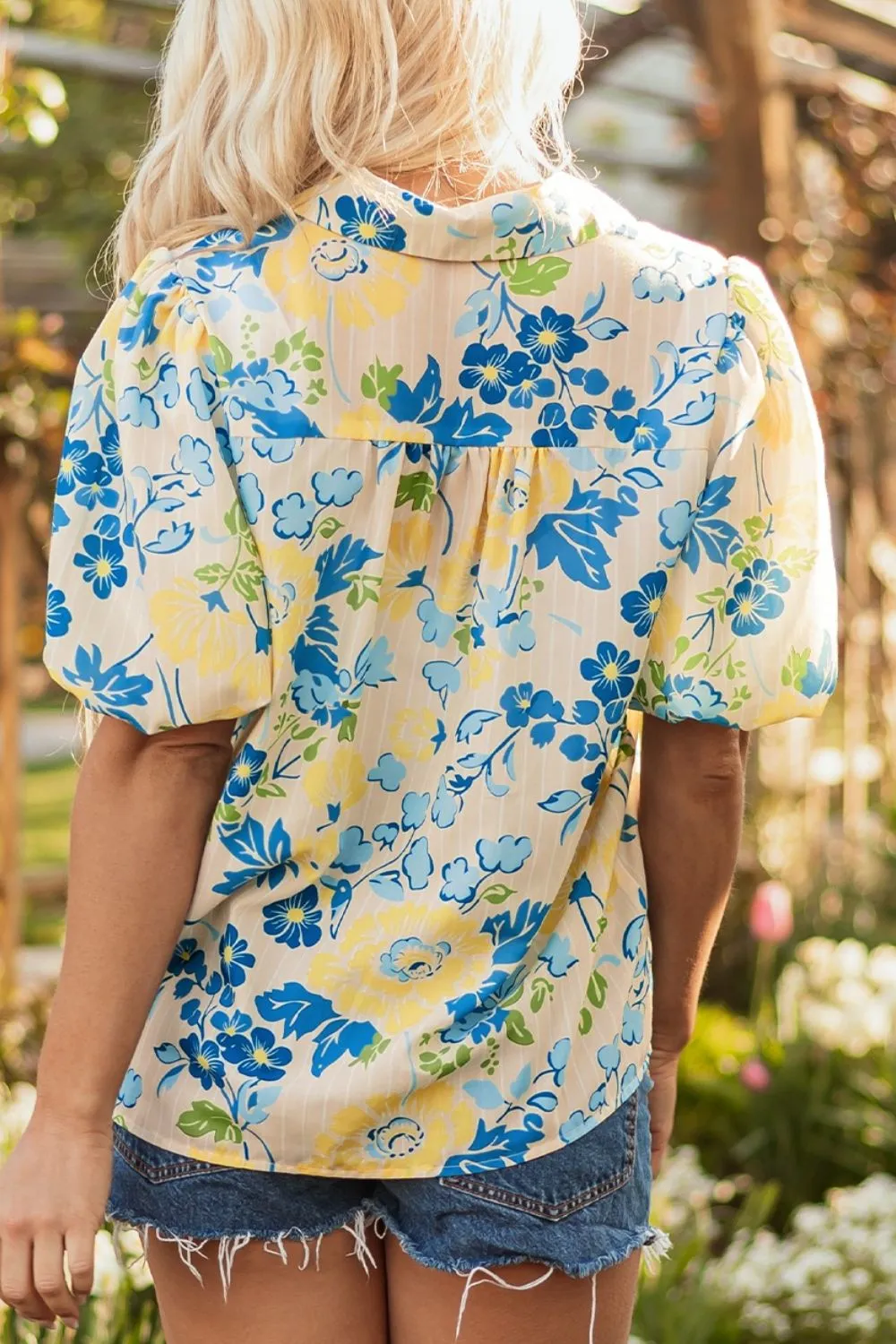 Printed Puff Sleeve Button Down Summer Shirt, image 6