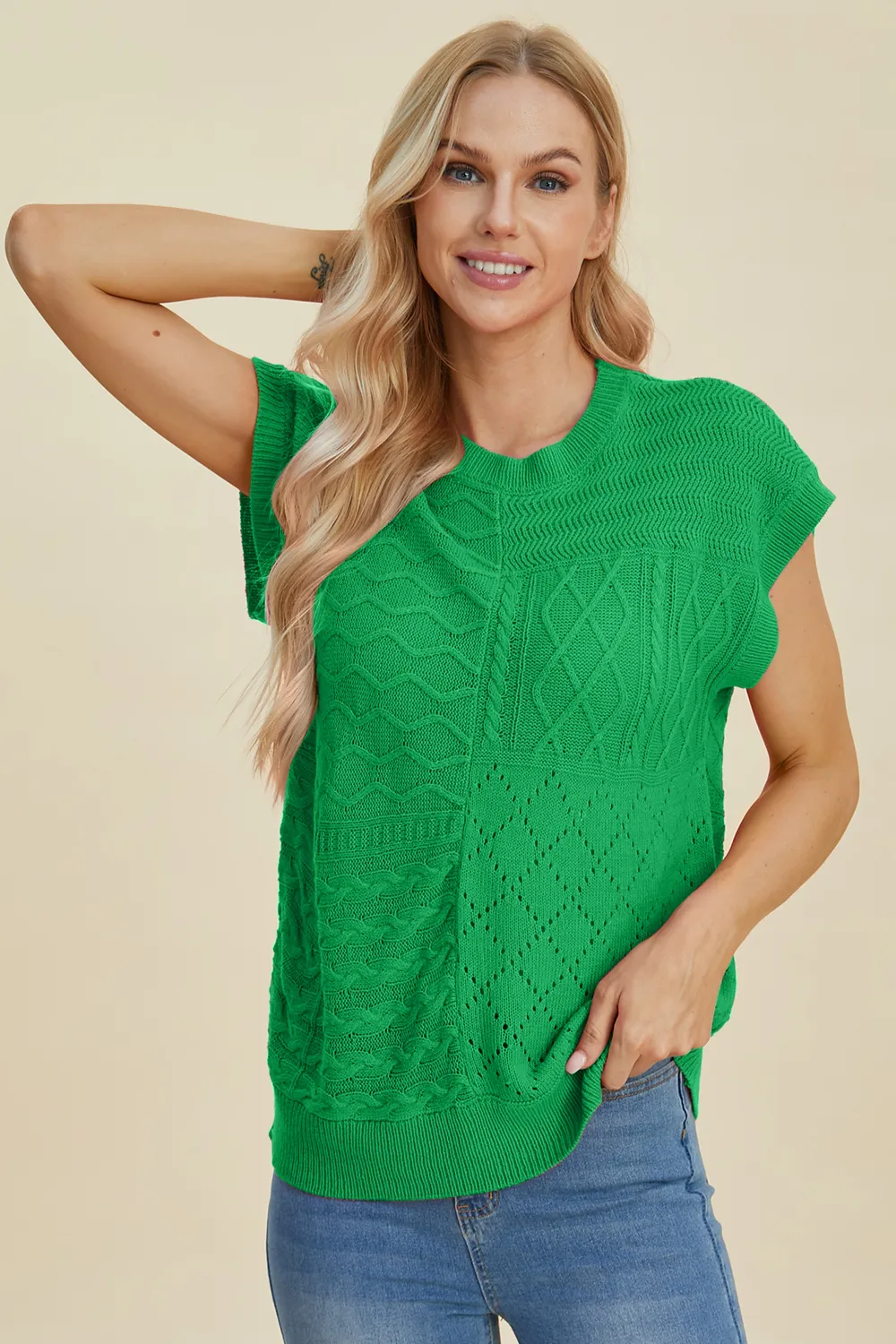 Full Size Cable-Knit Round Neck Cap Sleeve Sweater, image 15