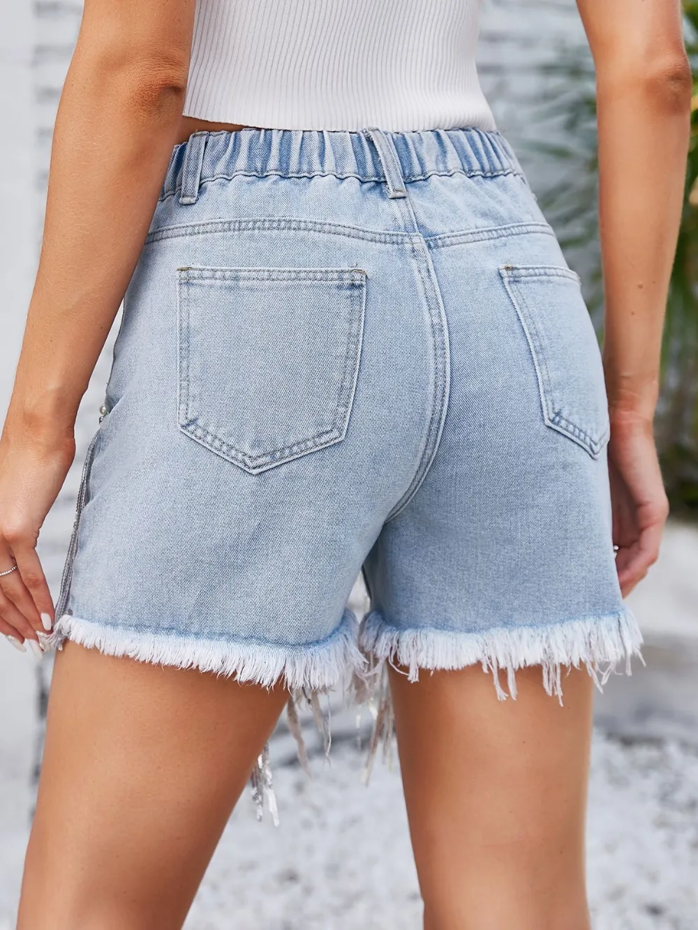 Distressed Pearl Trim Denim Shorts with Pockets, image 3