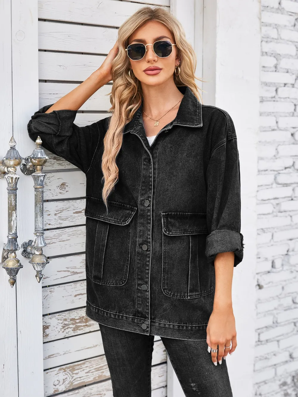 Button Up Long Sleeve Denim Jacket, image 5