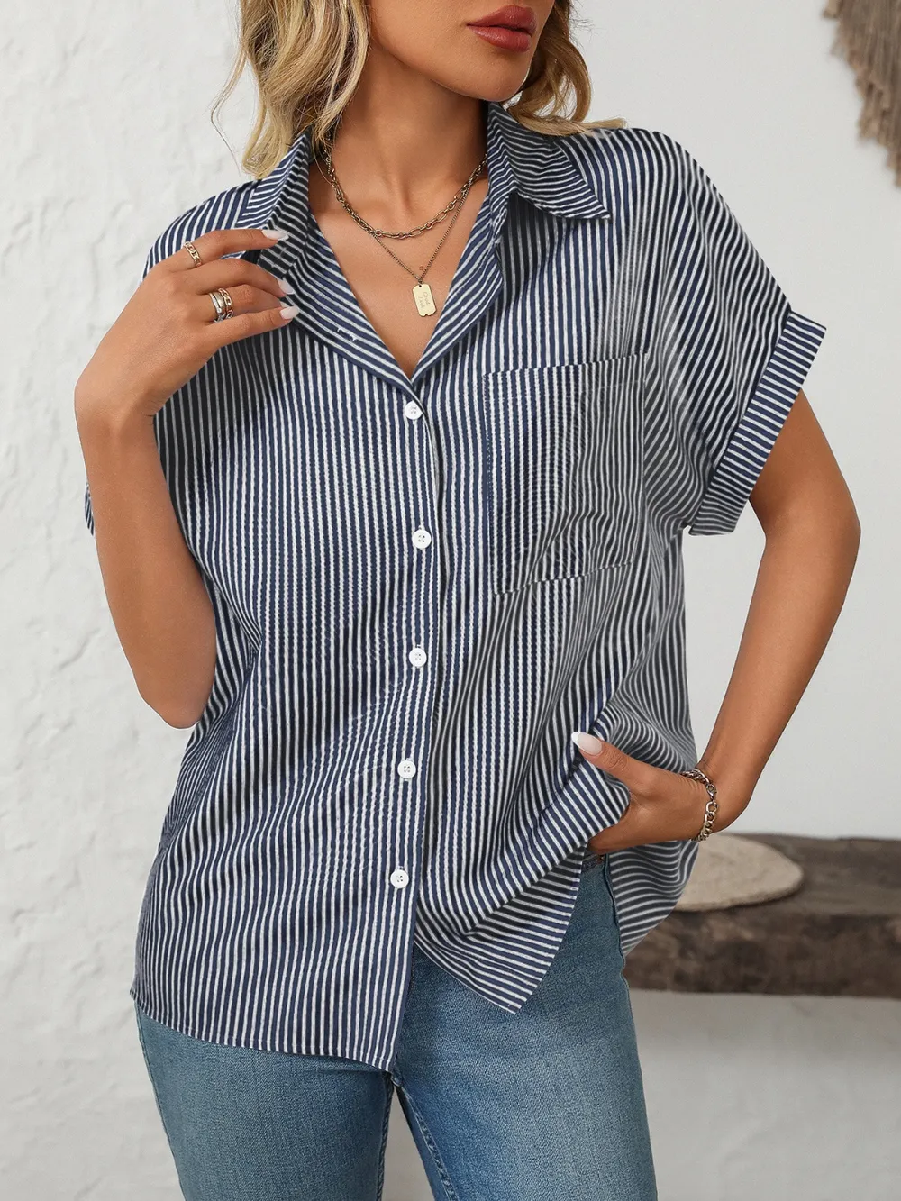 Pocketed Striped Collared Neck Short Sleeve Shirt, image 8