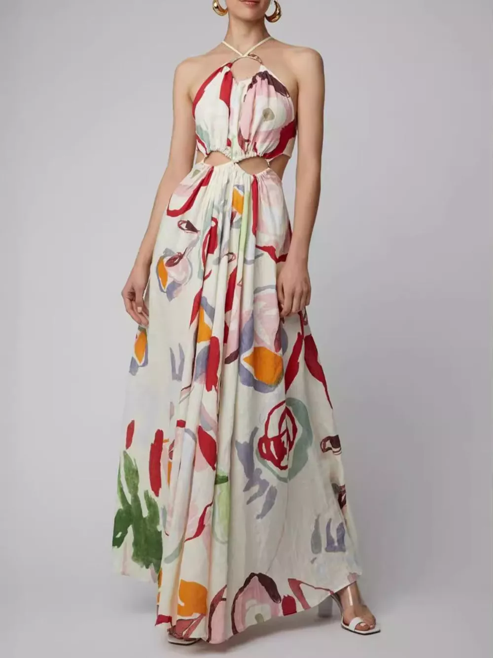 Printed Halter Neck Cut-Out Maxi Dress