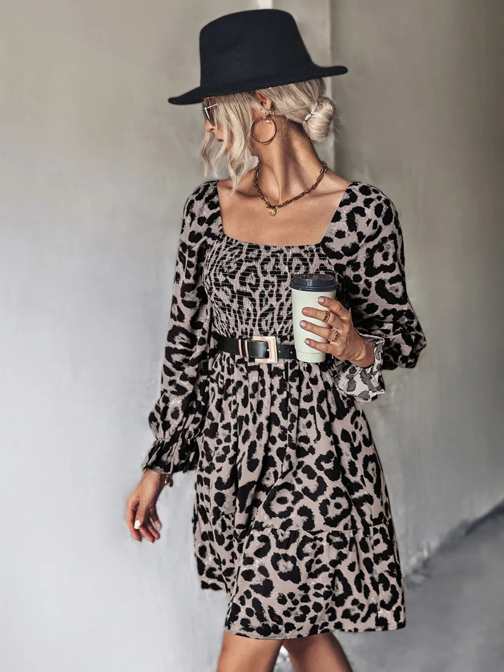 Leopard Smocked Flounce Sleeve Mini Dress, image 8