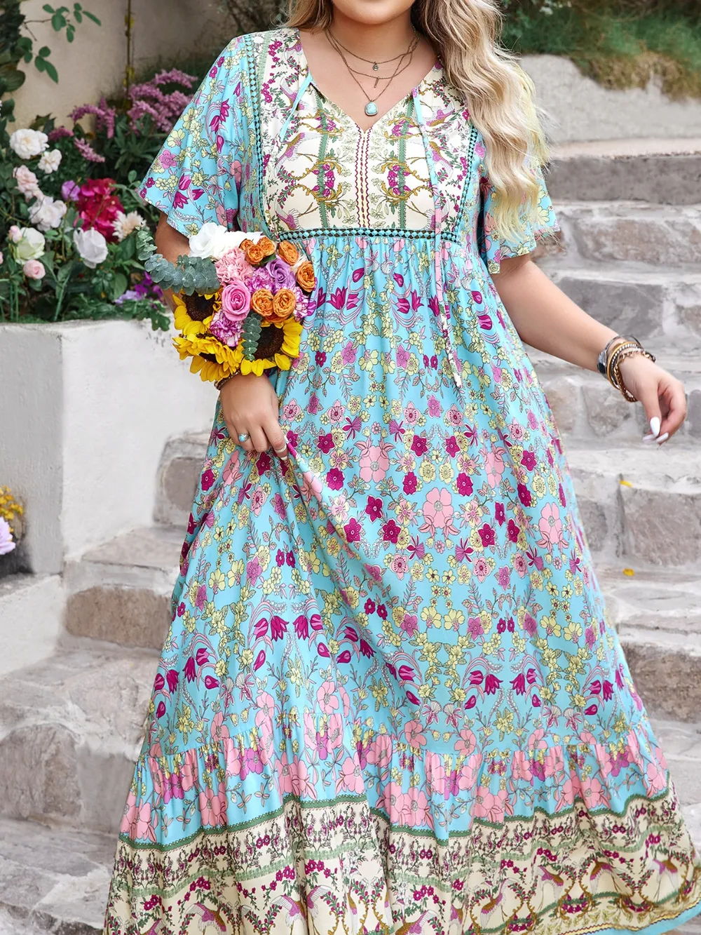 Plus Size Printed Tie Neck Flutter Sleeve Maxi Dress, image 5