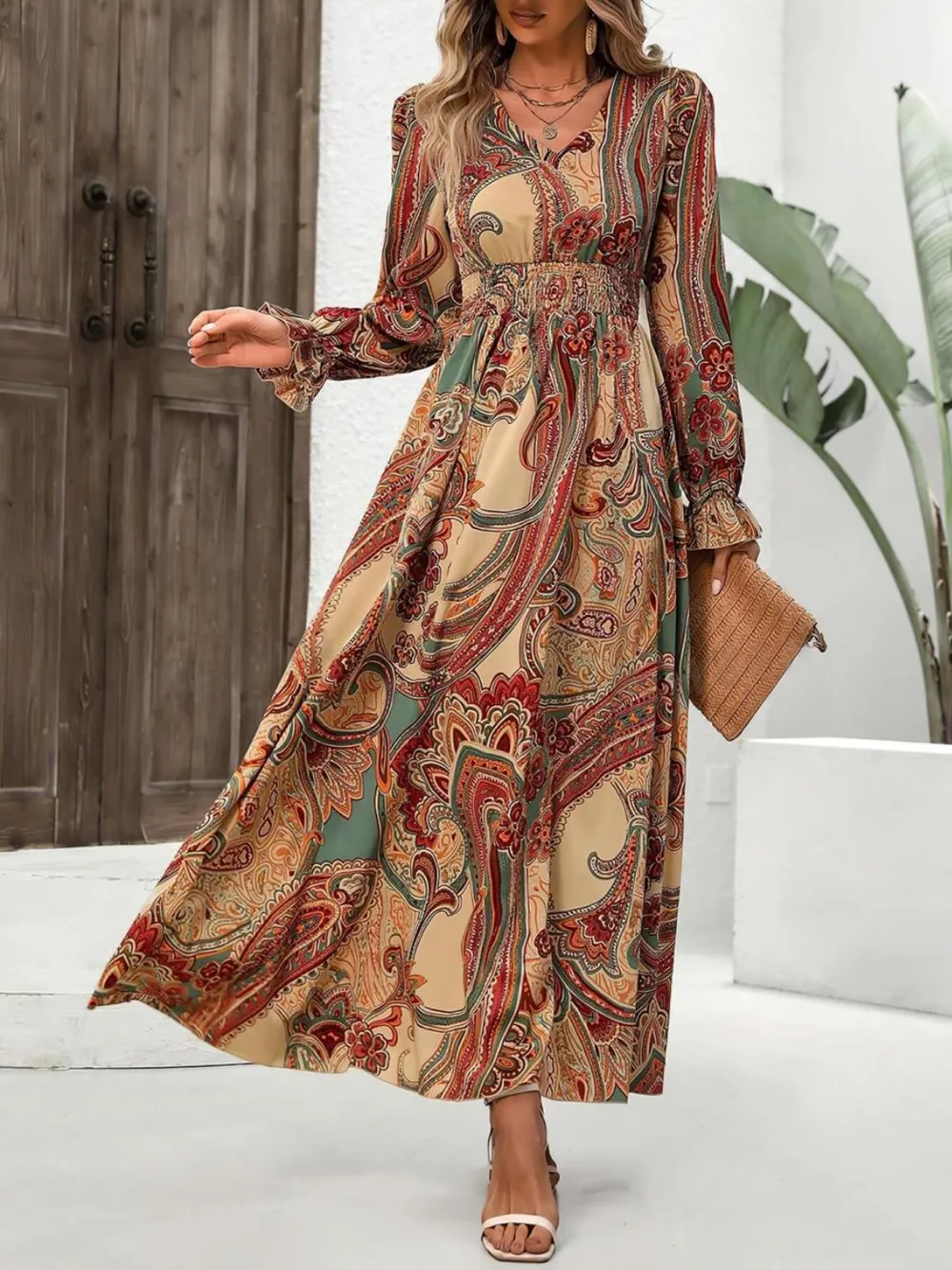 Smocked Printed V-Neck Flounce Sleeve Dress, image 2