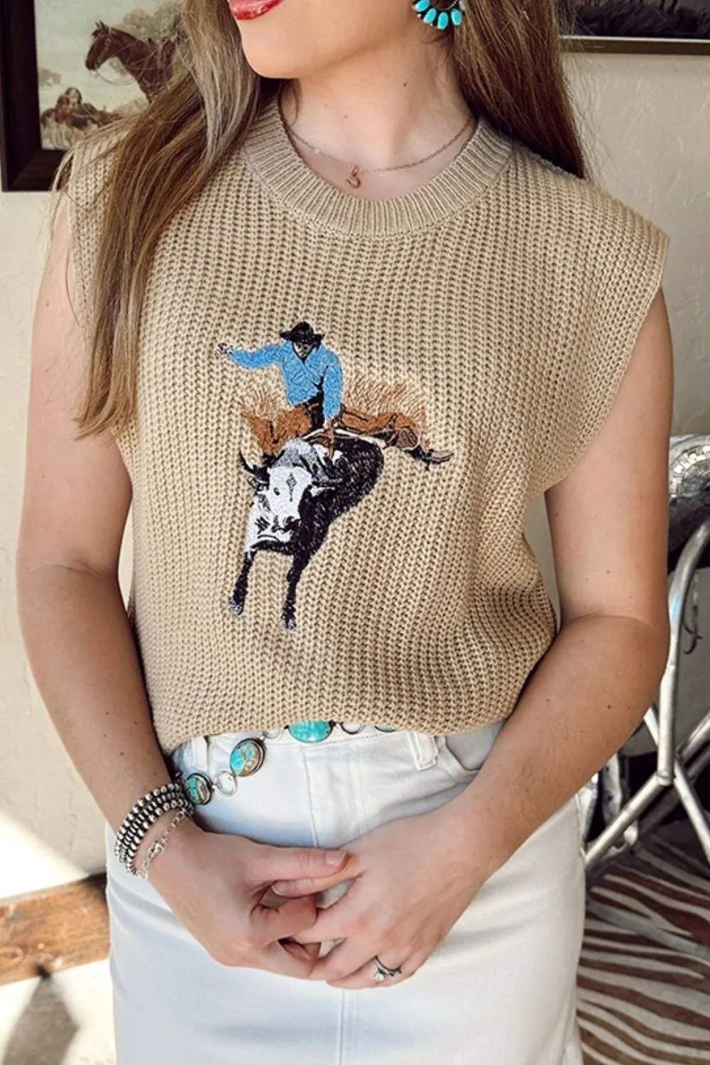 Western Cowboy Embroidery Round Neck Sleeveless Sweater, image 4