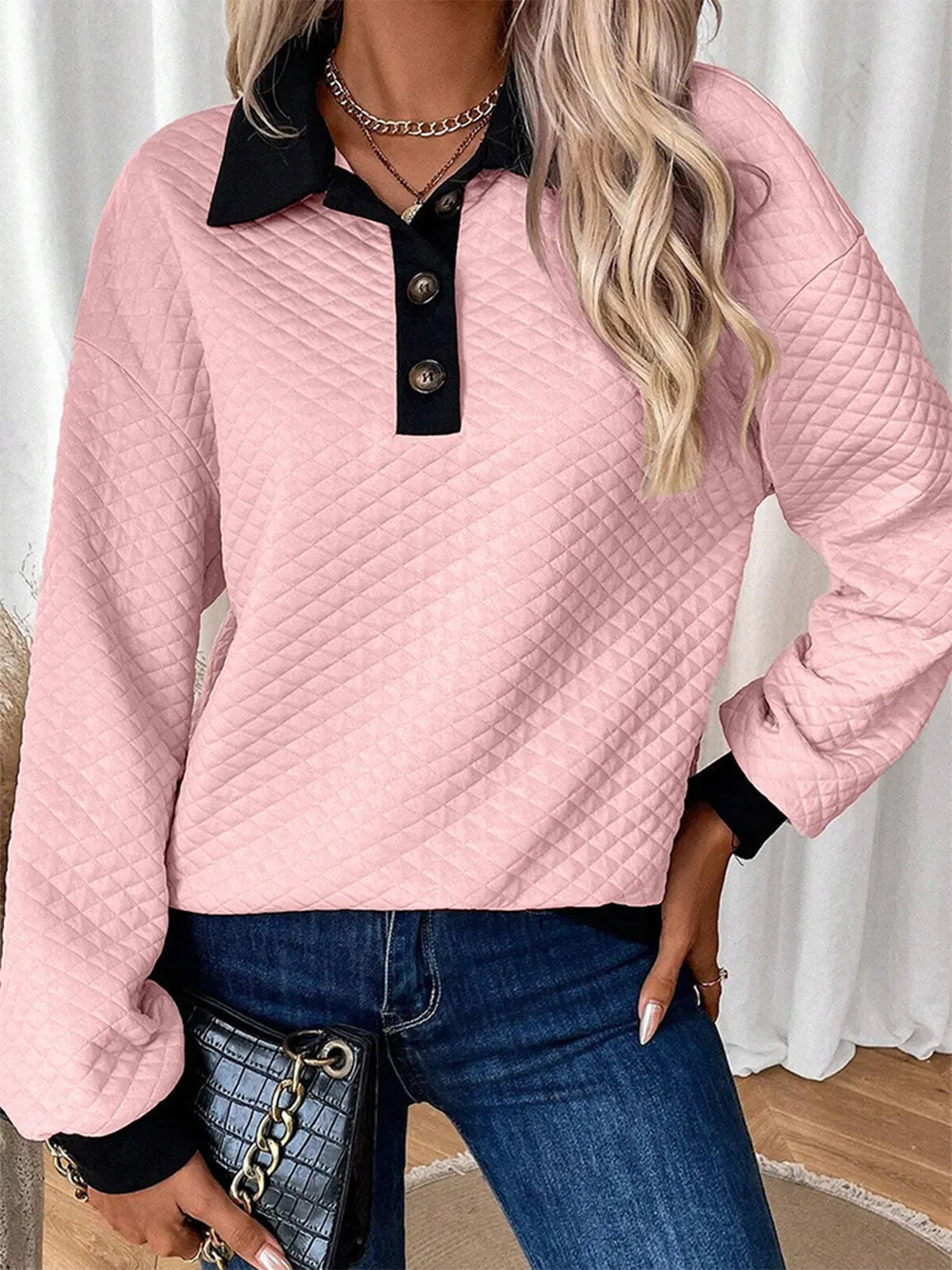 Texture Quarter Button Long Sleeve Sweatshirt, image 8