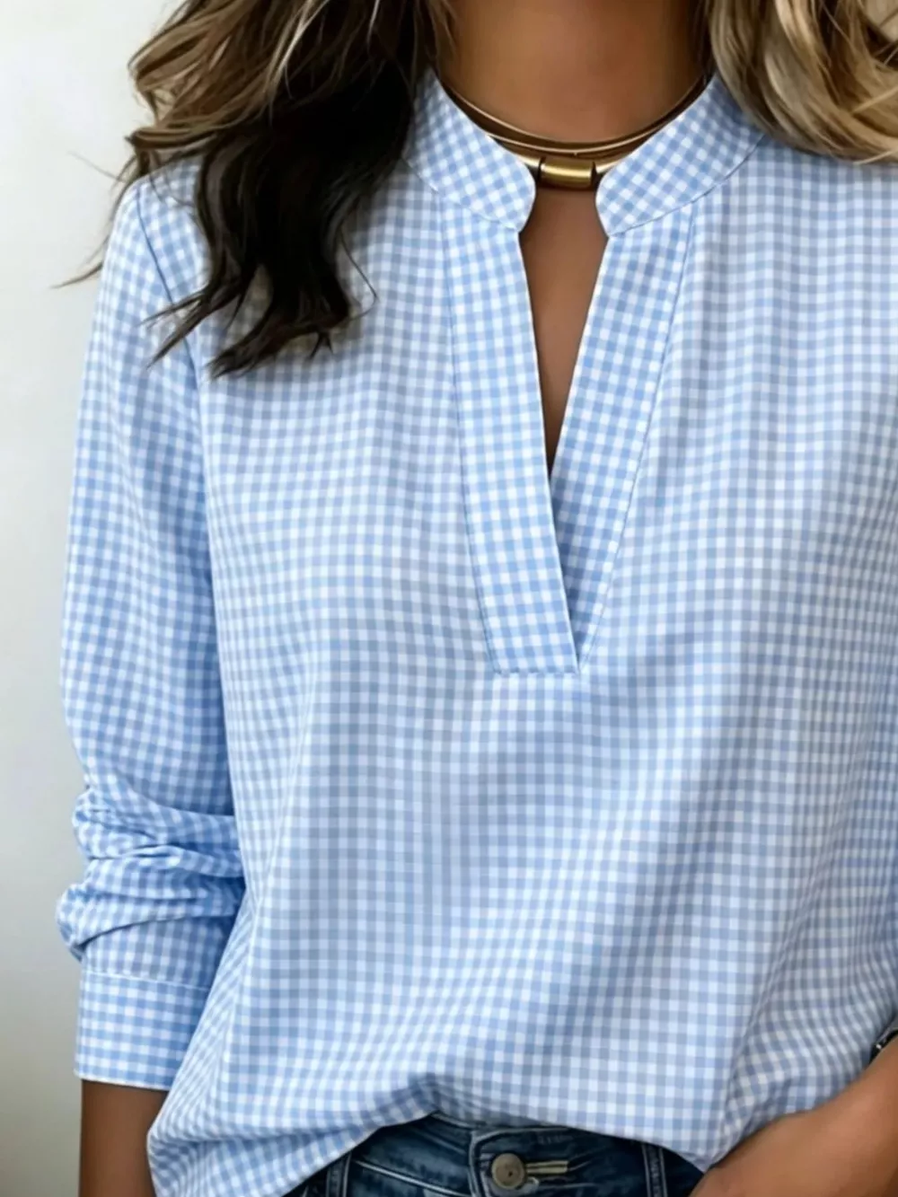 Full Size Plaid Notched Long Sleeve Blouse Plus Size, image 2
