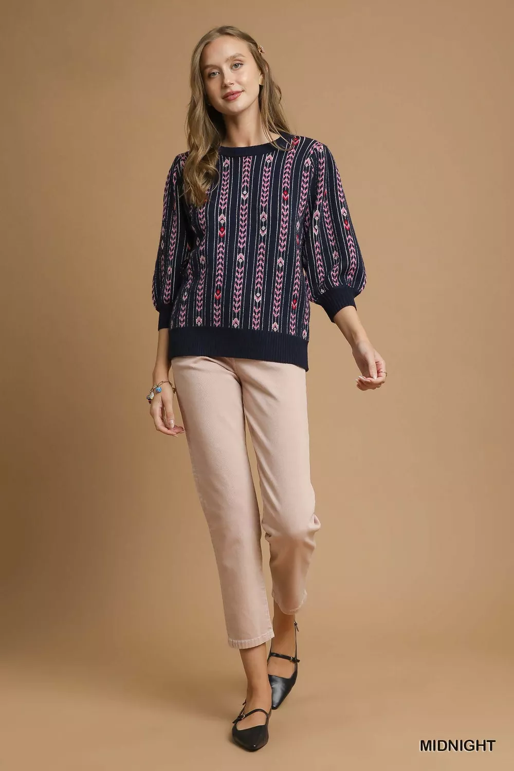Jacquard Knit Puff Sleeve Sweater, image 5