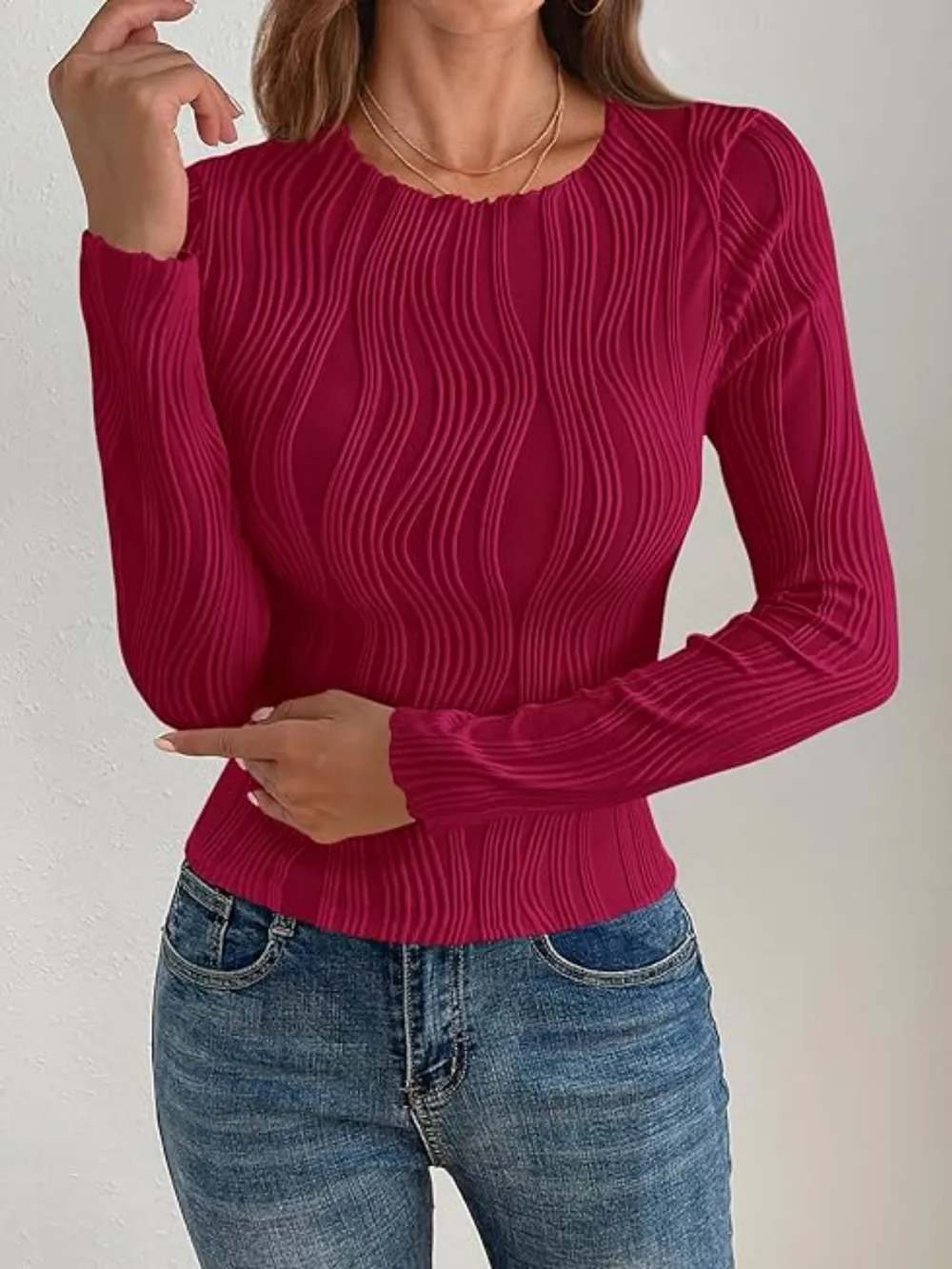 Textured Round Neck Long Sleeve Top, image 14