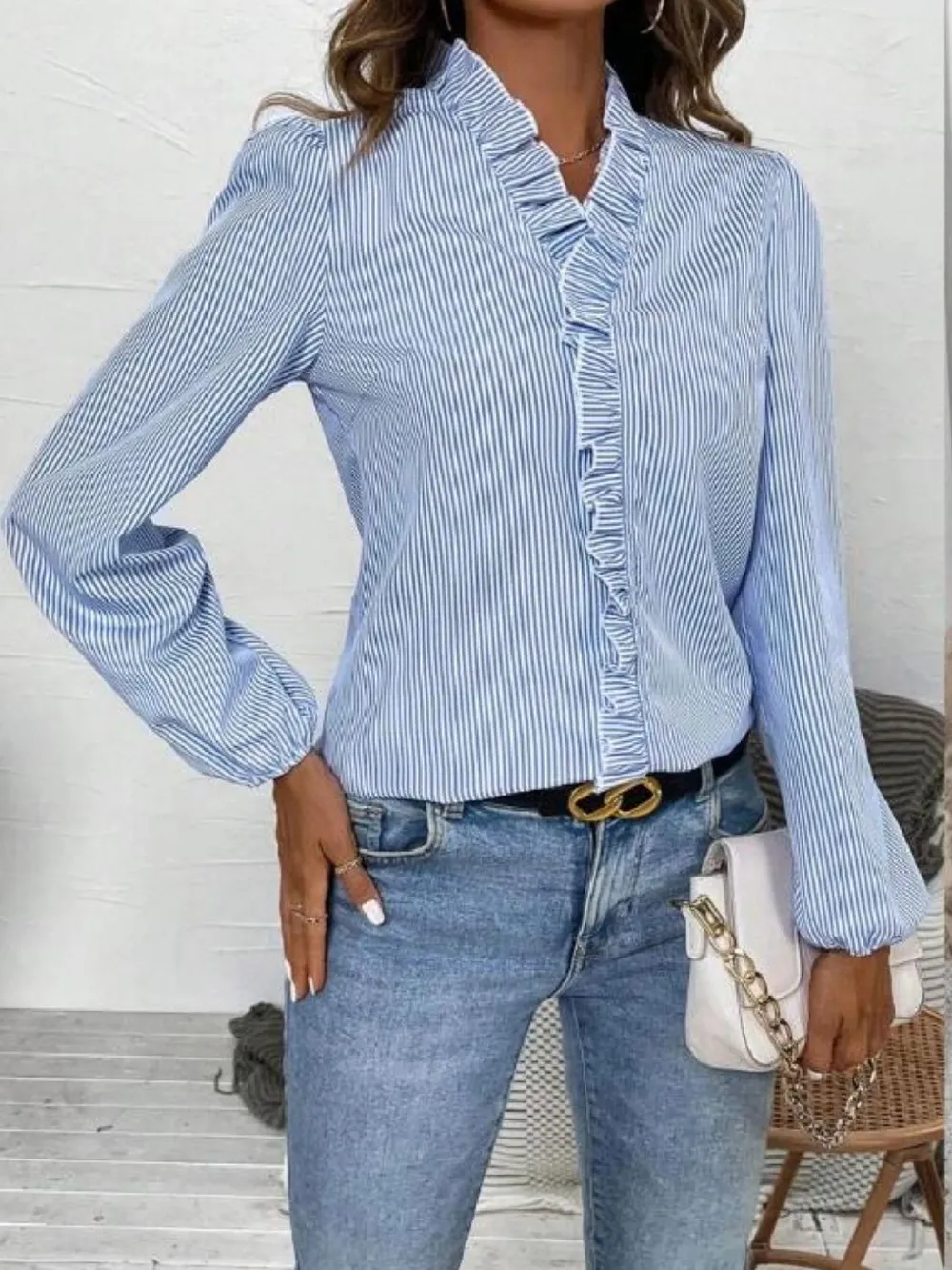 Frill Striped V-Neck Long Sleeve Blouse, image 3
